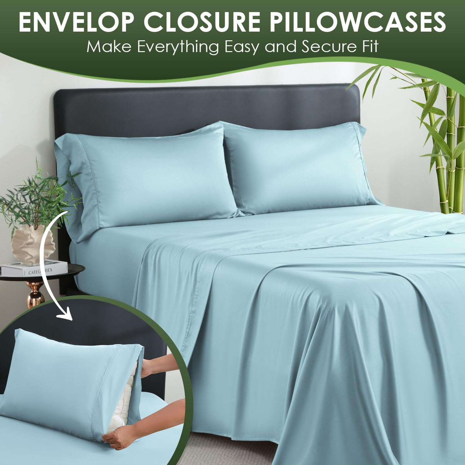 Bamboo Sheets King Sheets Set, 100% Organic Viscose Derived from Bamboo Bed Sheet Set, Luxuriously Soft & Cooling,4 Pcs Bed Set with Deep Pockets,Wrinkle Free, Double Stitched Seams (Sky Blue )