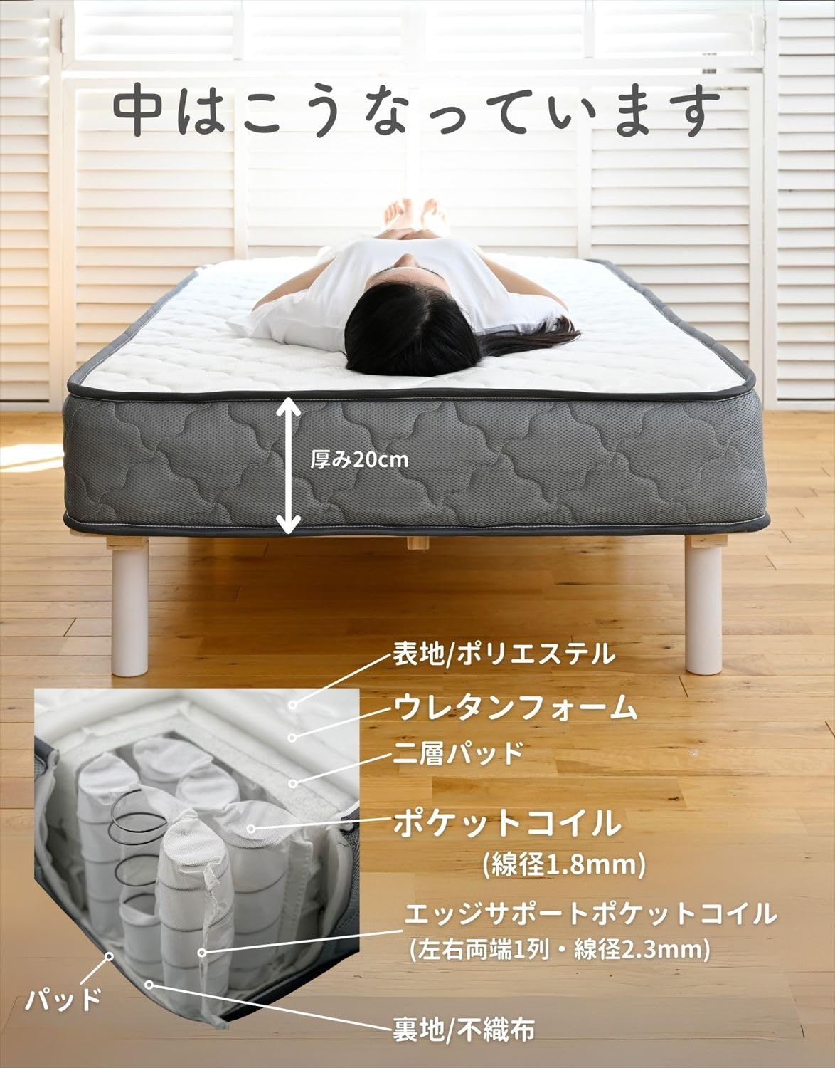 Amazon.co.jp: [山善] 厚型マットレス ポケットコイル 厚み20cm セミ