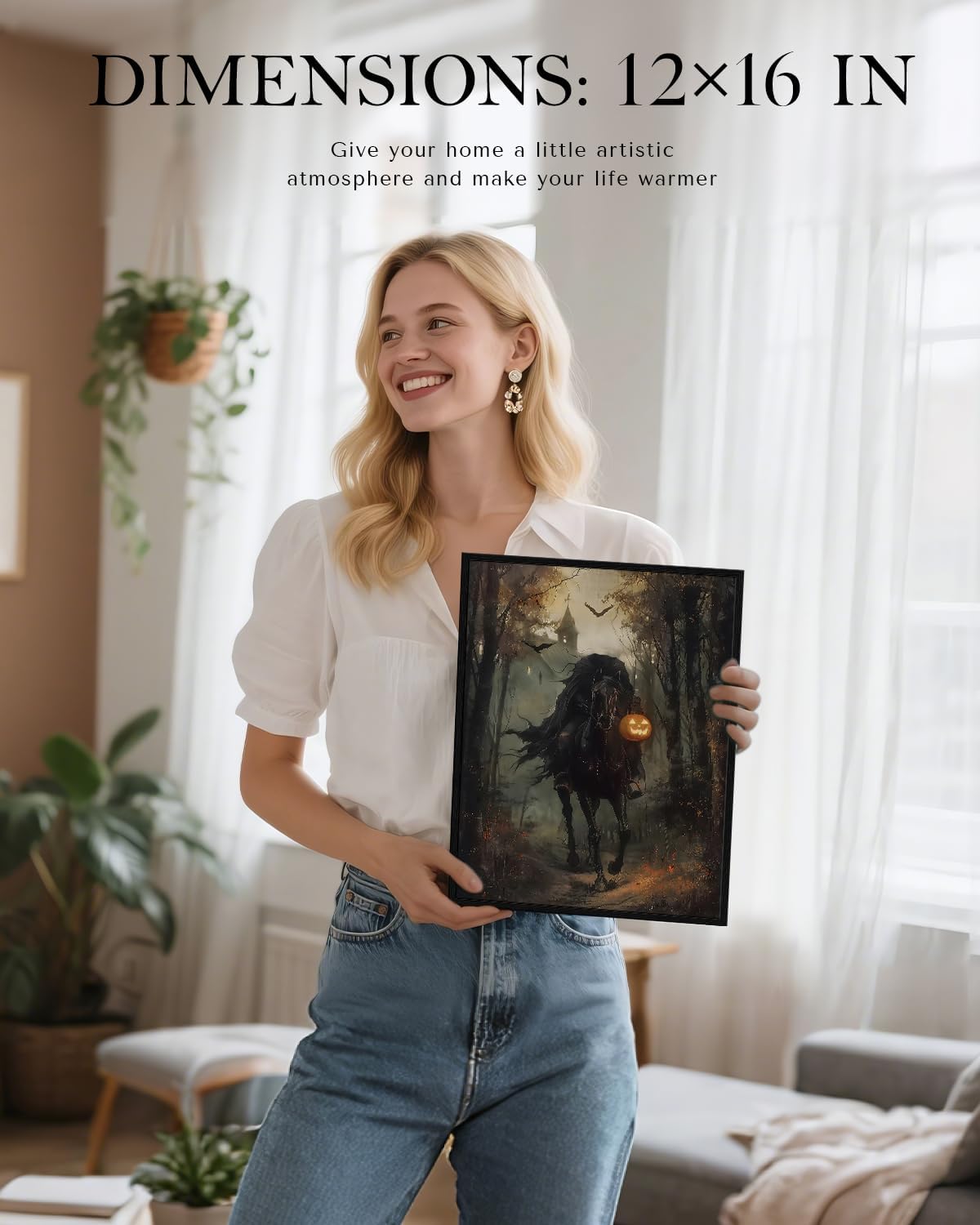 Vintage Halloween Spooky Headless Horseman Framed Wall Art, Gothic Haunted Forest Scene Black Frame 12x16 Canvas Print, Creepy Pumpkin Lantern Rider Artwork Home Room Decor - Image 5