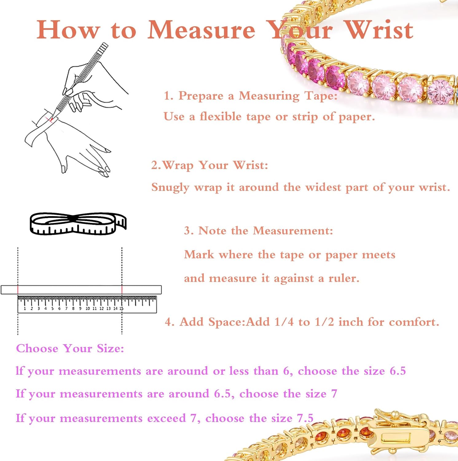 GEMSME 4.0MM Tennis Bracelet for Women-Rainbow Cubic Zirconia Bracelet,14K White/Yellow Gold Plated Multi Colored Round Cut CZ Tennis Link for Jewelry Gift - Image 6