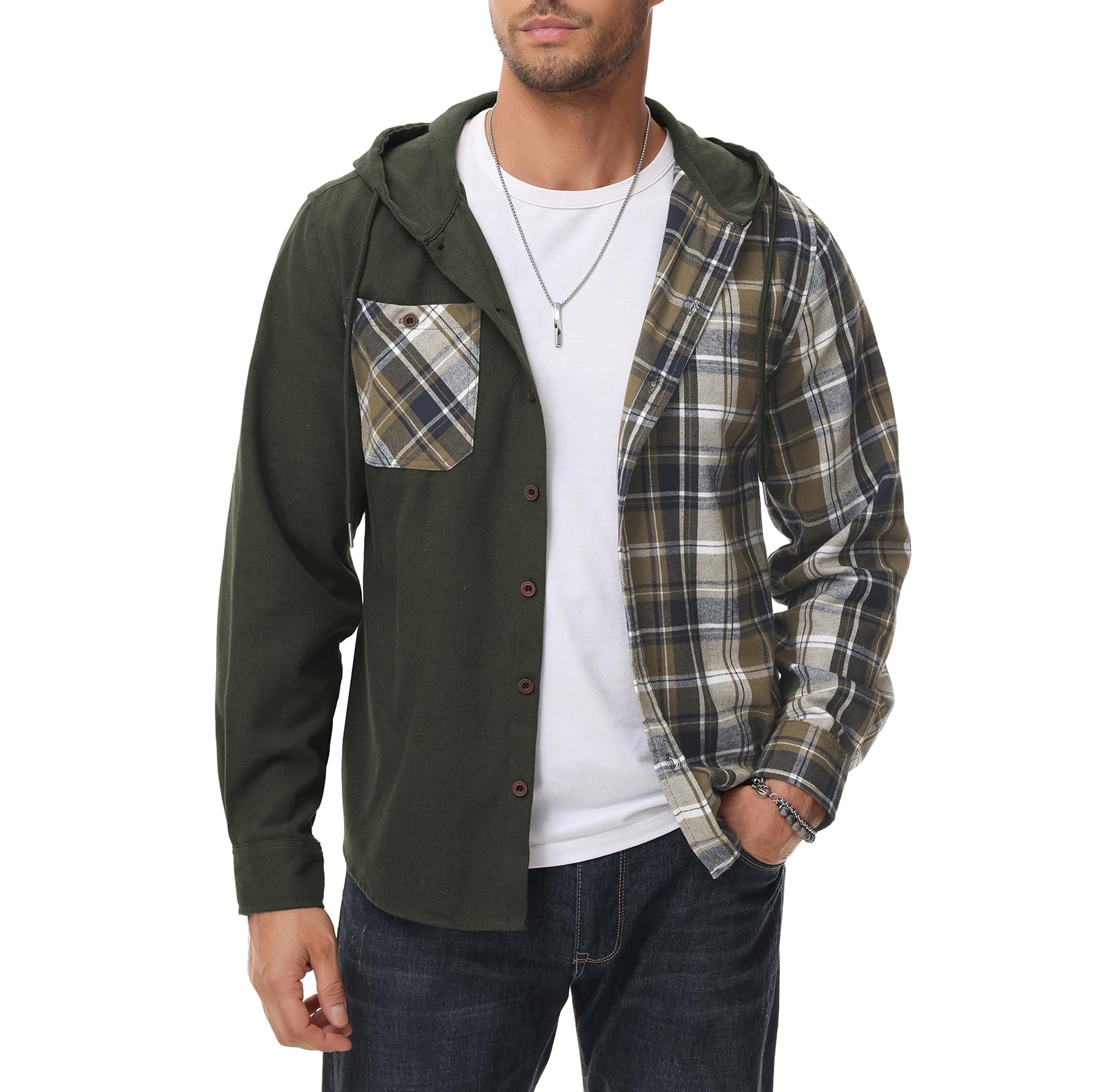 SwissWell Camisas de Franela para Hombre Camisa Casual de Manga Larga con Capucha Camisa de Leñador a Cuadros con Botón y Bolsillo