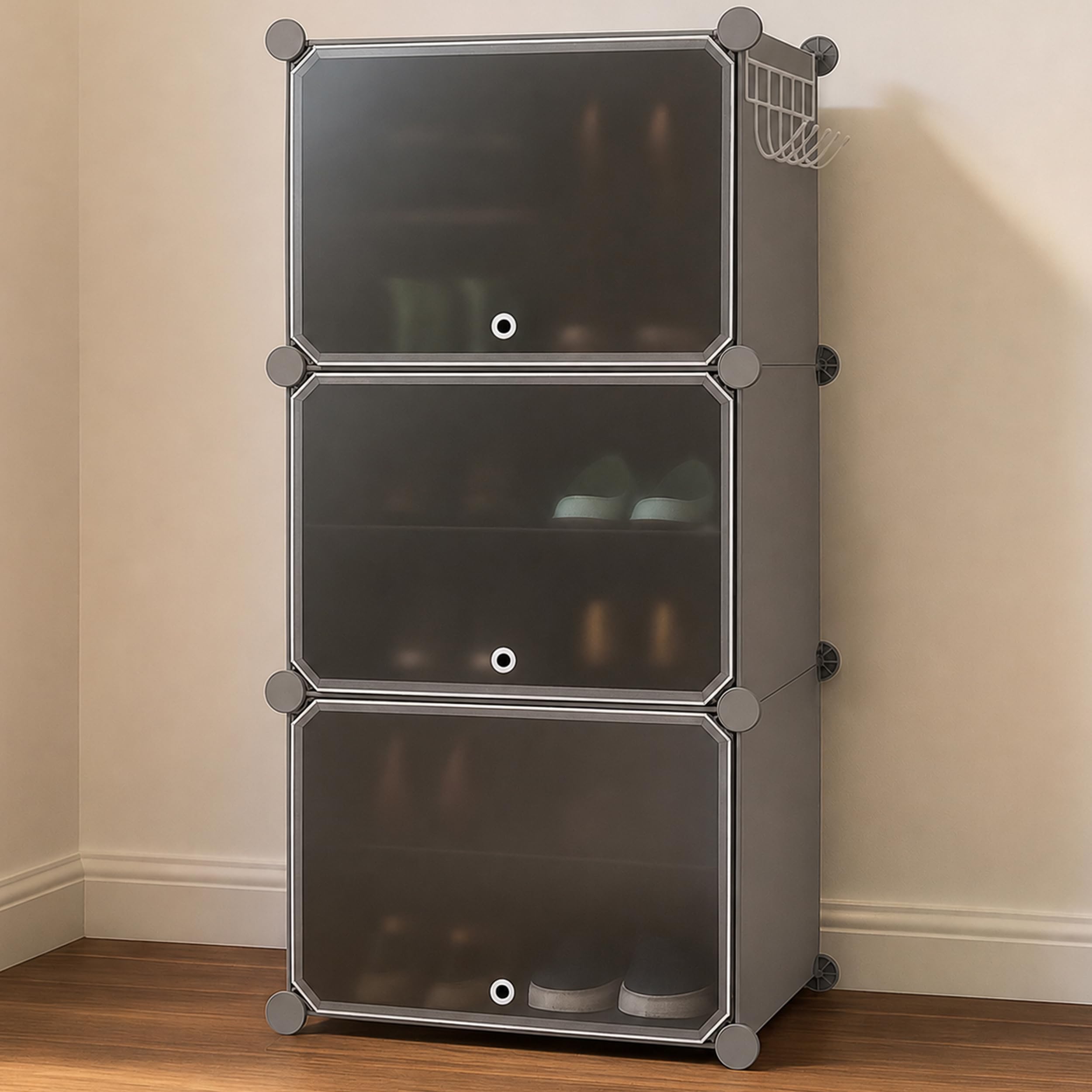 Oumffy Plastic Shoe Rack for Home | 𝟔 𝐋𝐚𝐲𝐞𝐫 Shoe Organizer Cabinet with 𝟑 𝐃𝐨𝐨𝐫𝐬 | Dustproof Shoe Storage Rack for Entryway, Bedroom & Living Room | Space Saving Multipurpose Stand | Grey