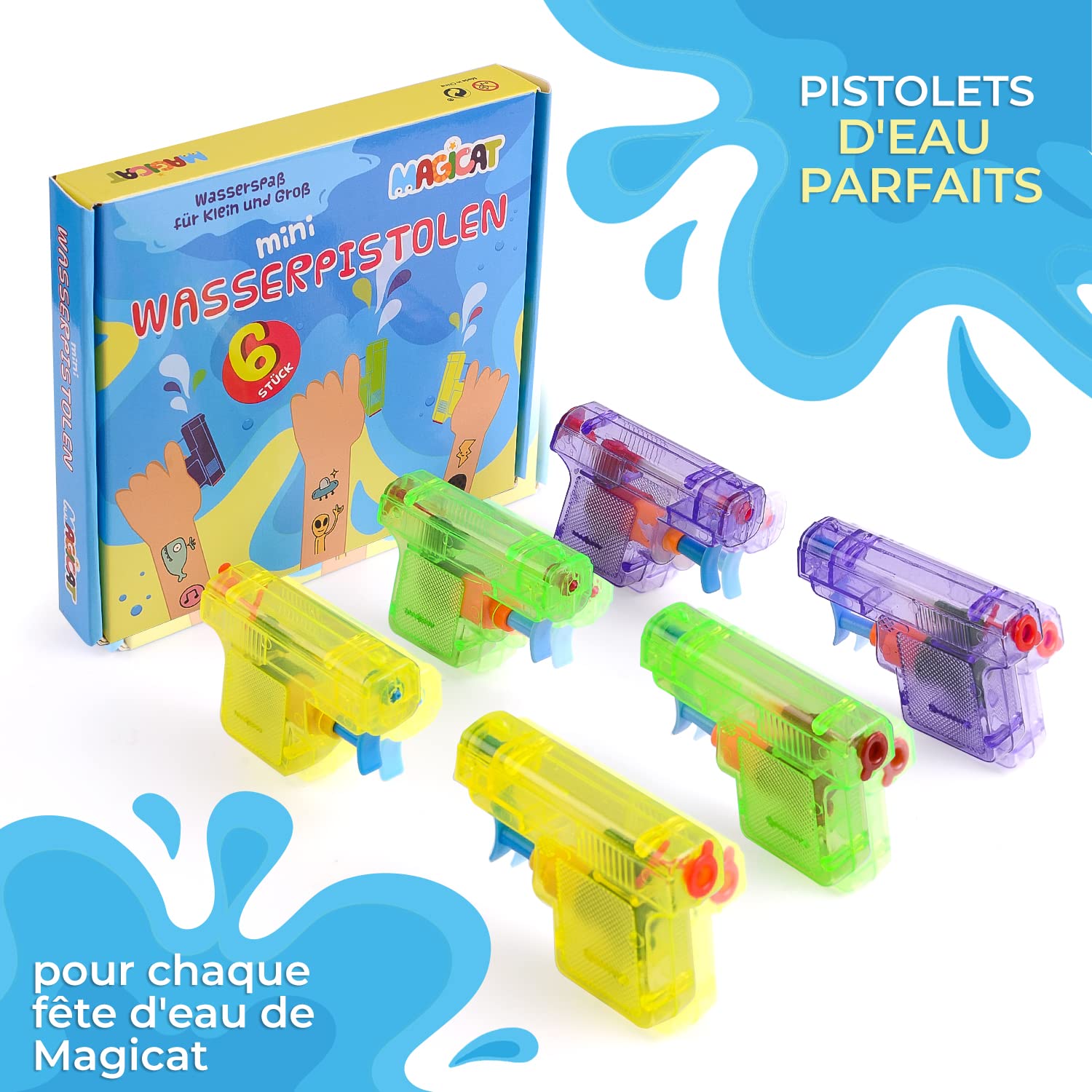 Magicat Pistolet à Eau – Lot De 6 Mini Fusils – Portée 4,5 M – Jaune, Vert, Violet – Idéal Pour Piscine, Jardin, Plage
