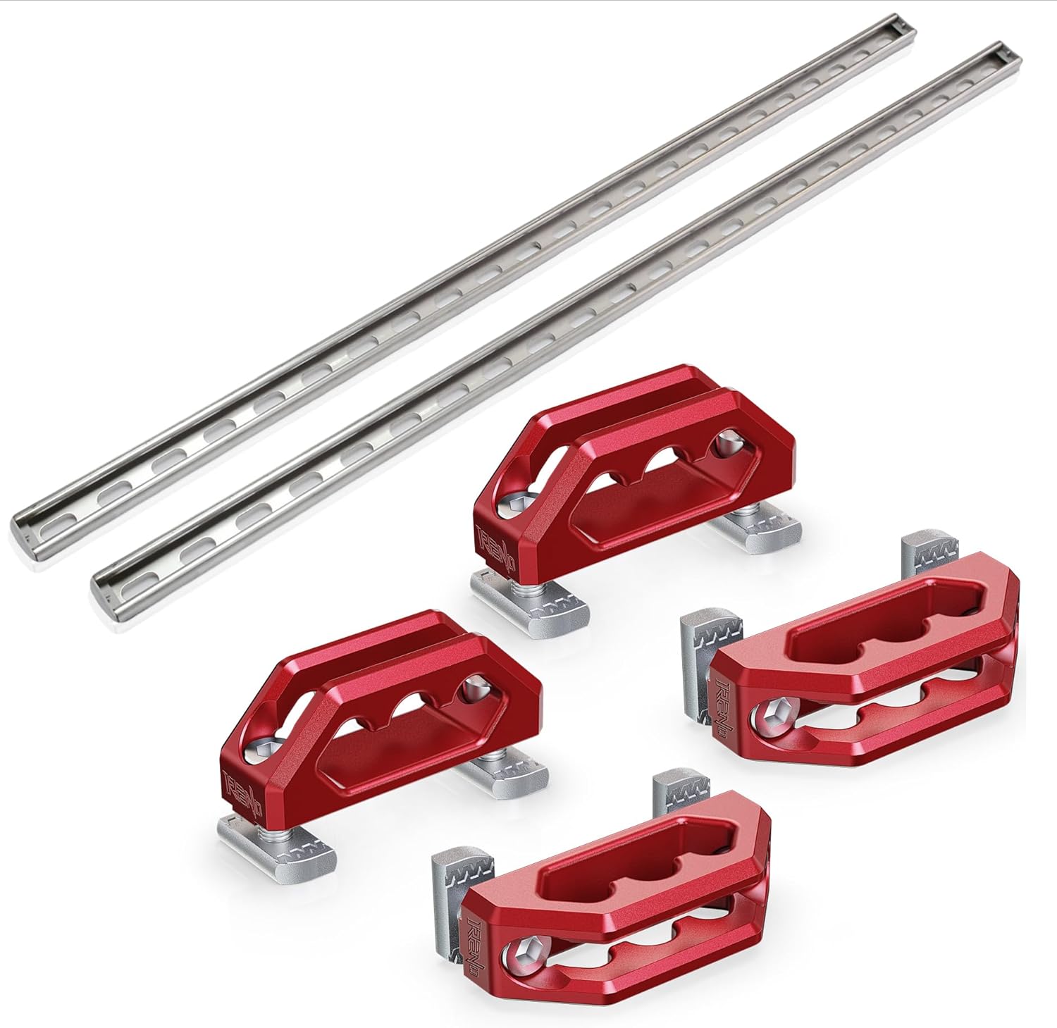 RENO F150 Trail Rail System, Truck Cargo Management System 2pcs Bed Rails & 4pcs Cleats for 5.5'Bed Compatible with 2015-2025 F150 4WD Raptor Lightning, Replace OEM LL3Z-2655200-A (Red Anchors)