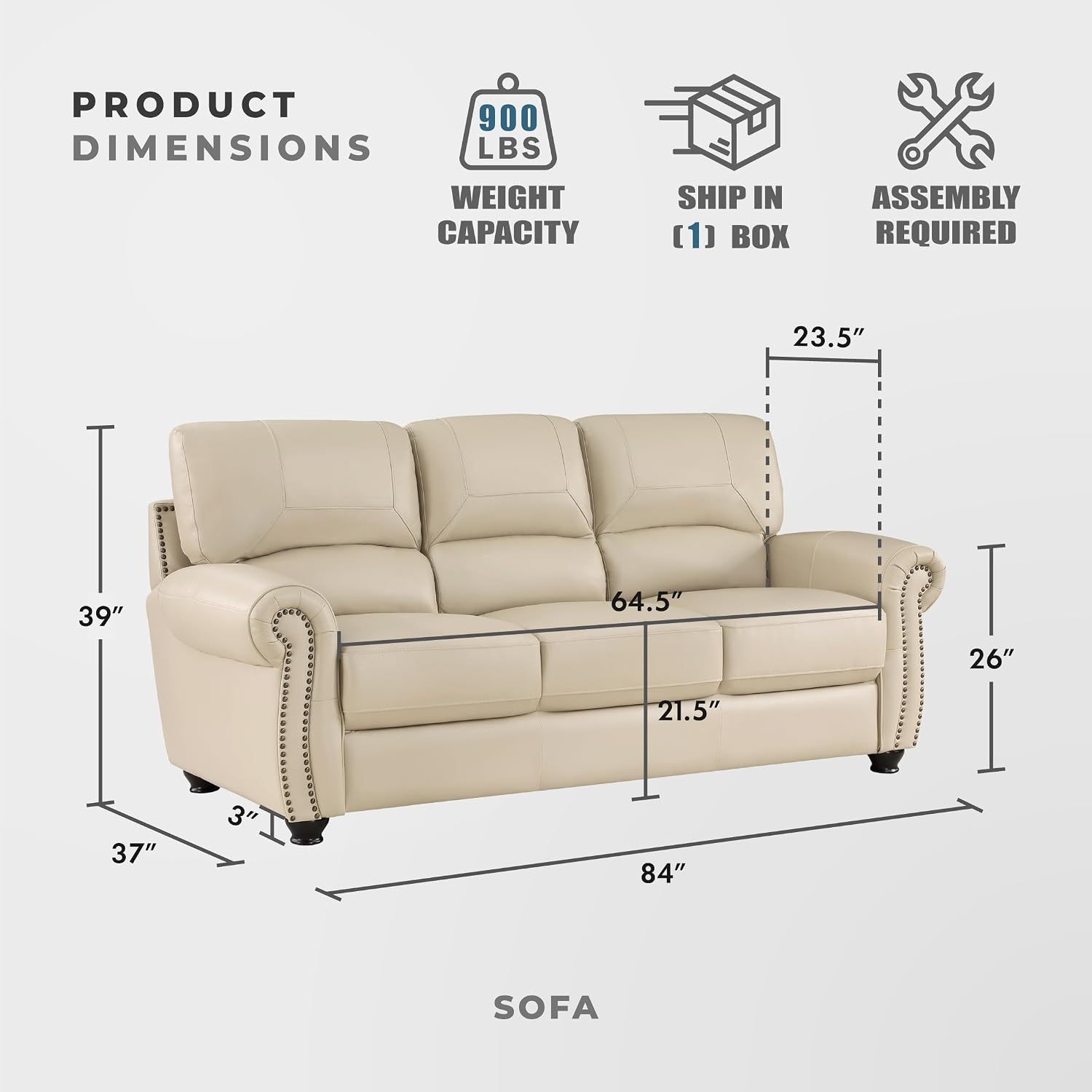 Lexicon Leather Match Couch for Living Room with Wood Frame, Rolled Armrest & Nailhead Trim, Top Grain Leather Match Sofa for Bedroom, Office, Waiting Room, 3-Seater Sofa, Cream​