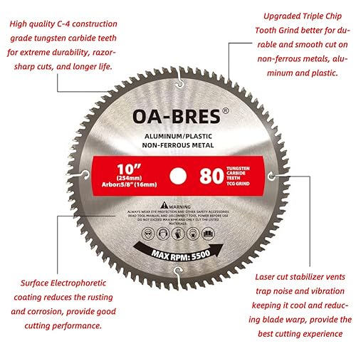 Miniatura 6 de Hoja de sierra de metal no ferroso de aluminio de 60 dientes de 7-14 pulgadas con eje de 58 pulgadas, molienda TCG mejorada