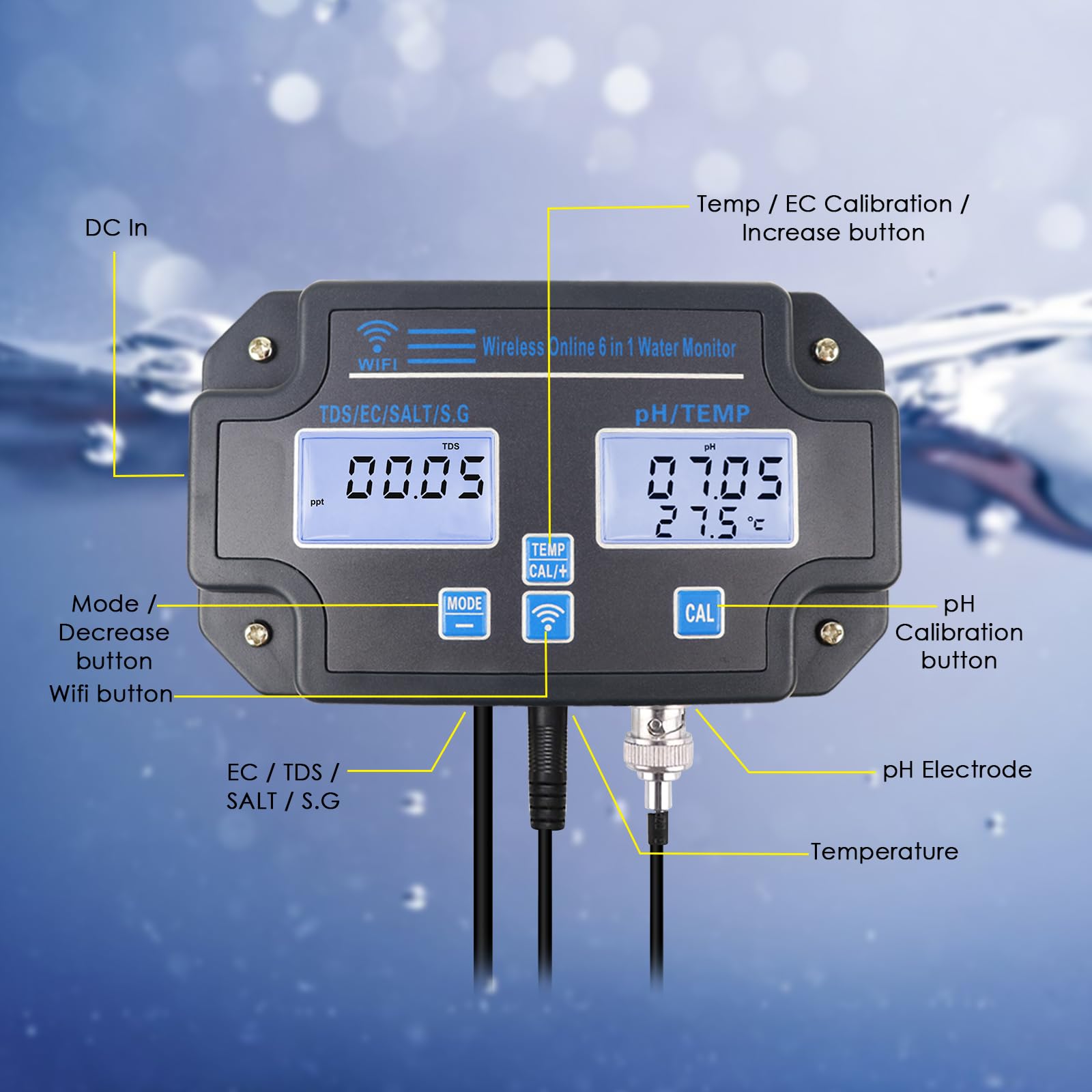 Probador de calidad de agua WLAN, monitor de pH 6 en 1, mide pH/EC/TDS/salinidad/peso y temperatura, monitoreo de aplicaciones en línea las 24 horas y almacenamiento de curvas de datos, medidor de pH