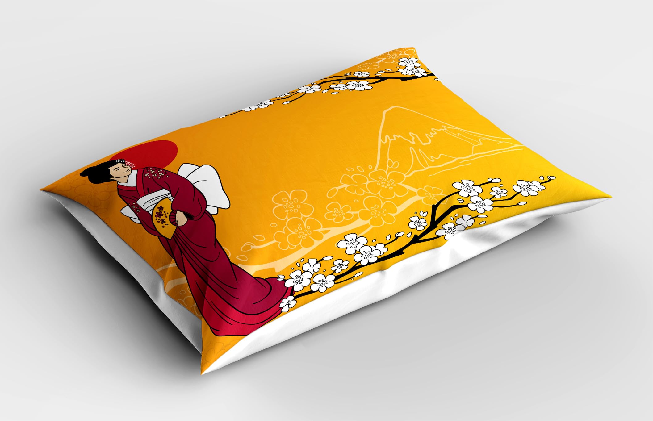 Ambesonne Cherry Blossom Pillow Sham Set of 2, Geisha Woman and Sakura Trees in The Foothills of Hill, Quality Microfiber Bedding Item for All Seasons, 36