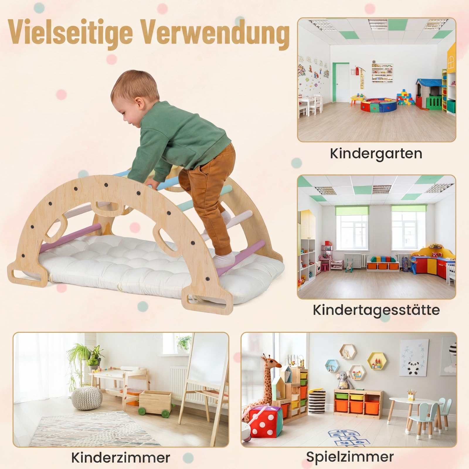 COSTWAY Kletterbogen Holz mit Kissen, Montessori Kletterwippe, Kletterdreieck zum Wippen, Klettern und Krabbeln, Bogenwippe, Regenbogen, Indoor Klettergerüst für Kinder ab 3 Jahre (Macaron)