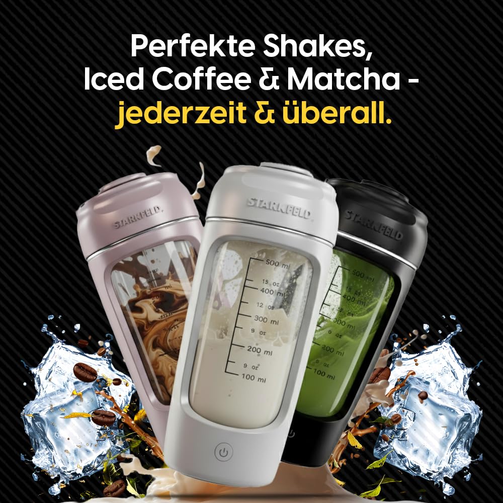 STARKSHAKE V4 – eccellente come miglior shaker elettrico della F.A.Z.-Verlag (2025) | Shaker di proteine elettrico per frullati di proteine | 8000 UPM | USB-C | 120+ frullati | incluso STARKPOD | nero