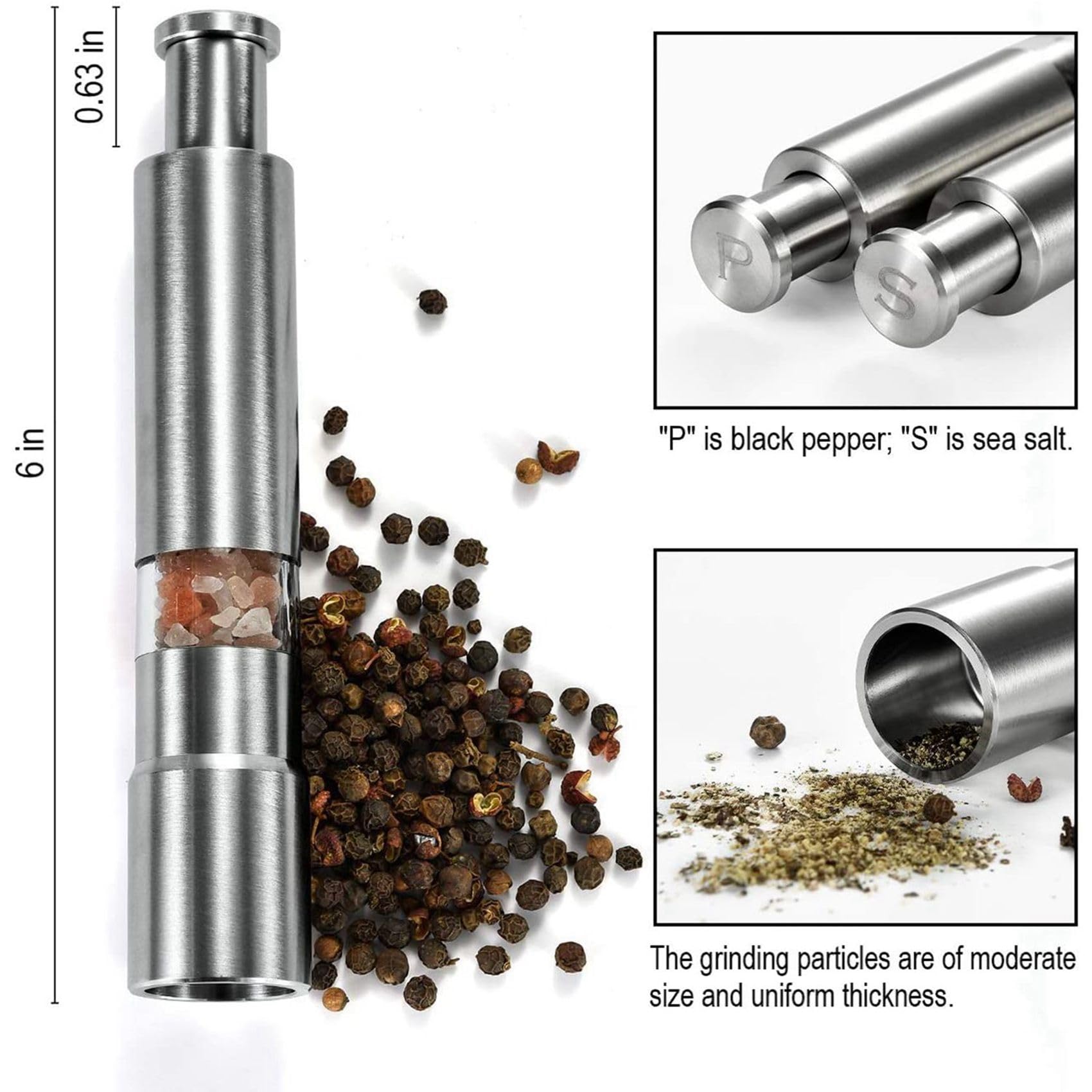 Salz und Pfeffer Set Von 8, Pfeffer Salzstreuer Aus Edelstahl Druck Knopf Manuelles Glassalz und Pfeffer Set