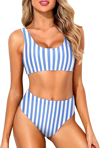 Miniatura 5 de Tempt Me Traje de baño deportivo de dos piezas para mujer, bikini de cuello redondo y tiro alto, top corto, traje de baño de cintura alta