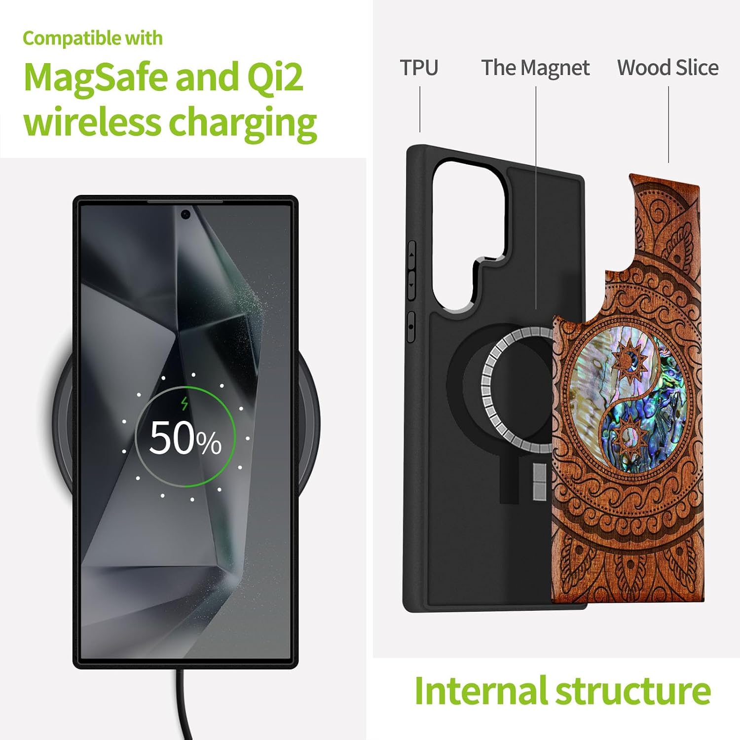 Carveit Magnetic Wooden Case for Samsung Galaxy S25 Ultra Case, Wood Artisan Engraved & Handmade Shell Inlaid, Compatible with MagSafe Wireless Chargers (Yin Yang Paisley) Rosy
