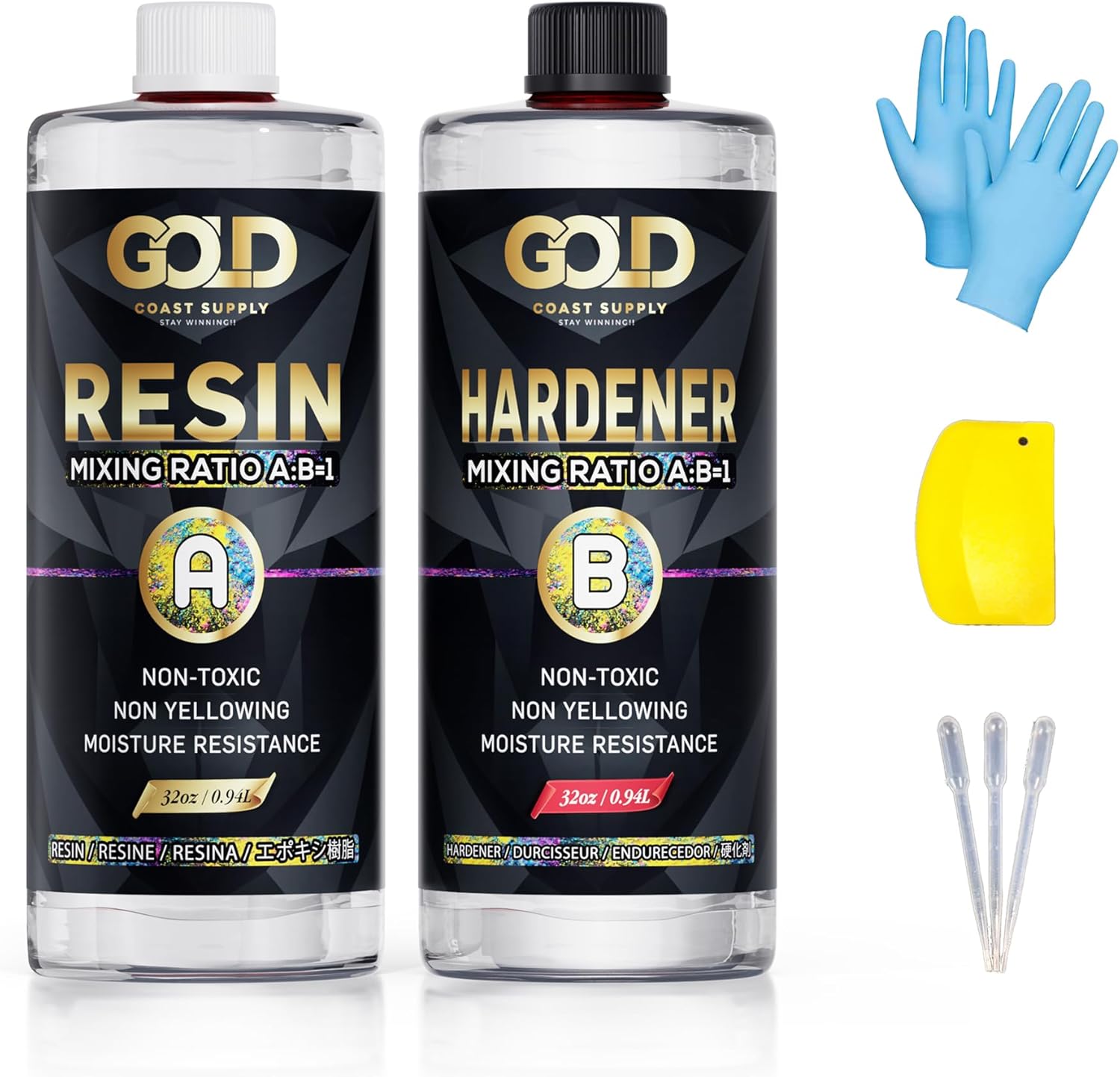 Epoxy Resin 64 oz for Arts, Crafts, Casting Coating - Crystal Clear, Self-Leveling, Non-Toxic, No BPA (32 oz Resin + 32 oz Hardener) (1.88L)