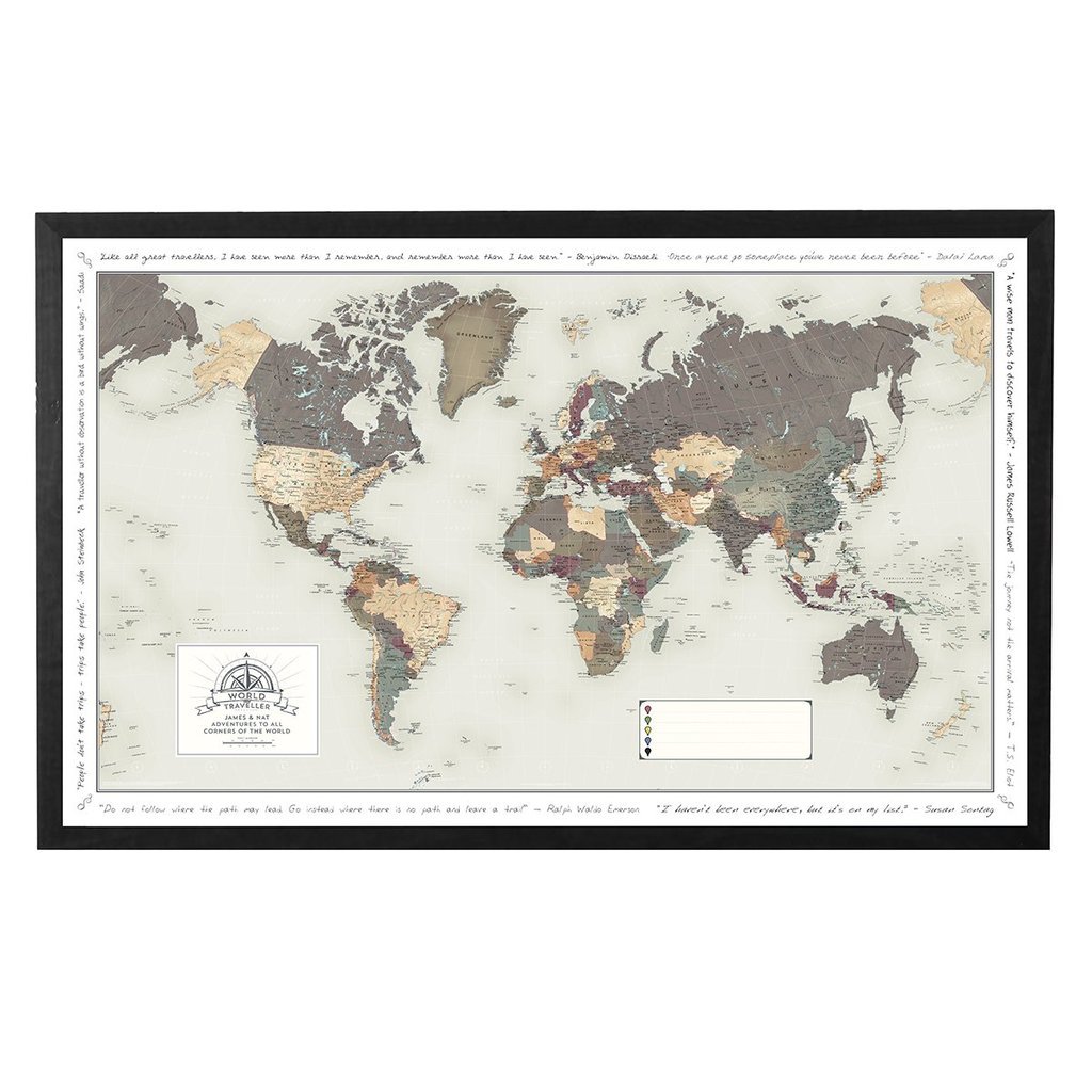 Personalised Pin Board World Map - Made of Cork with Frame 105 X 67cm - Memo Board Made of Cork with 100 Pins - Huge Poster with Pinboard, Wall Decoration