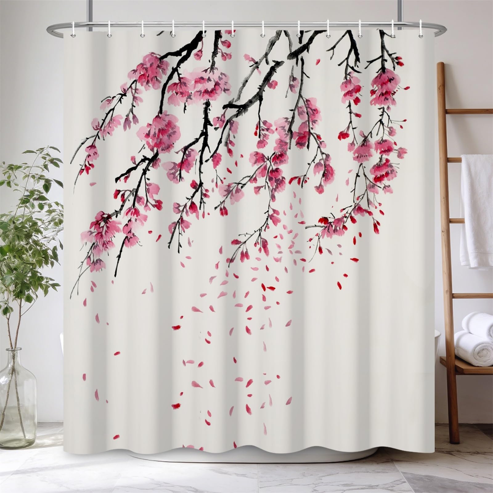 Uiyiui Girls Multicolor-4 Japanese Cherry Blossom Shower Curtains 48X84in/122X214cm/Wxh Pink Floral Bathroom Curtain With Hooks, Machine Washable Waterproof Fabric For ' Bathrooms Bathtub Decor With Hooks