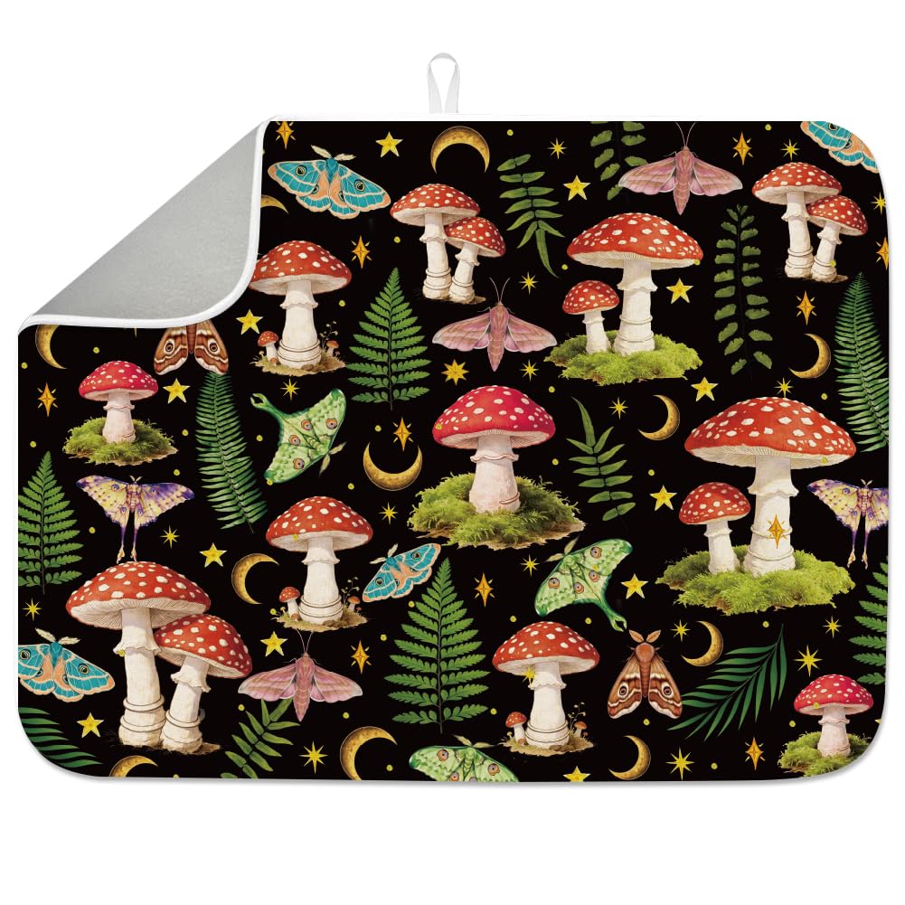 INFUNLY Mushroom Fern Dish Drying Mat 60x45 cm Vintage Amanita Moth Absorbent Mat Retro Mushroom Floral Drying Pad Rustic Farmhouse Absorbent Towel for Table Countertop Sink Coffee Bar