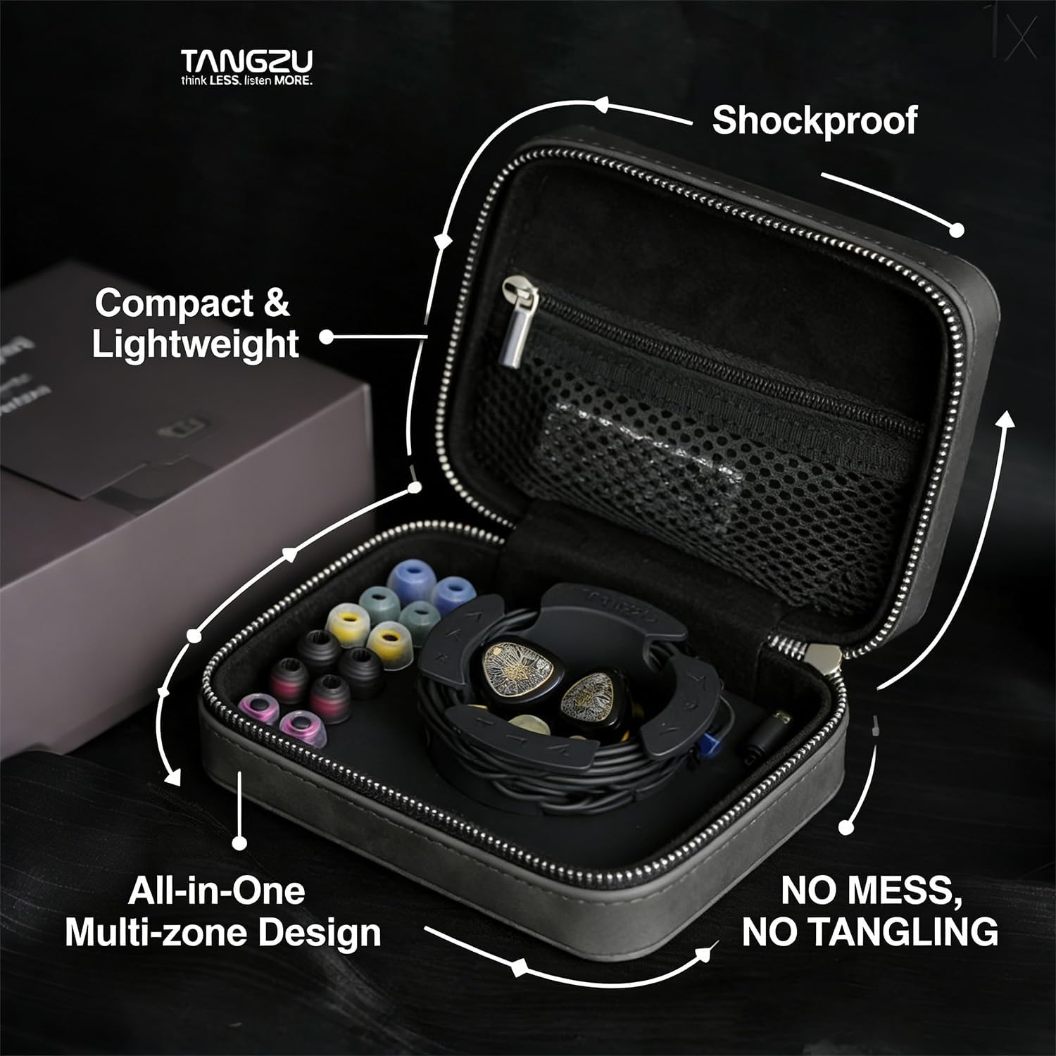 TANGZU Leather Earphone Case, Water-Resistant Portable Earbuds Storage Case for Earphones, Audio Accessories, Eartips and Cables, Grey