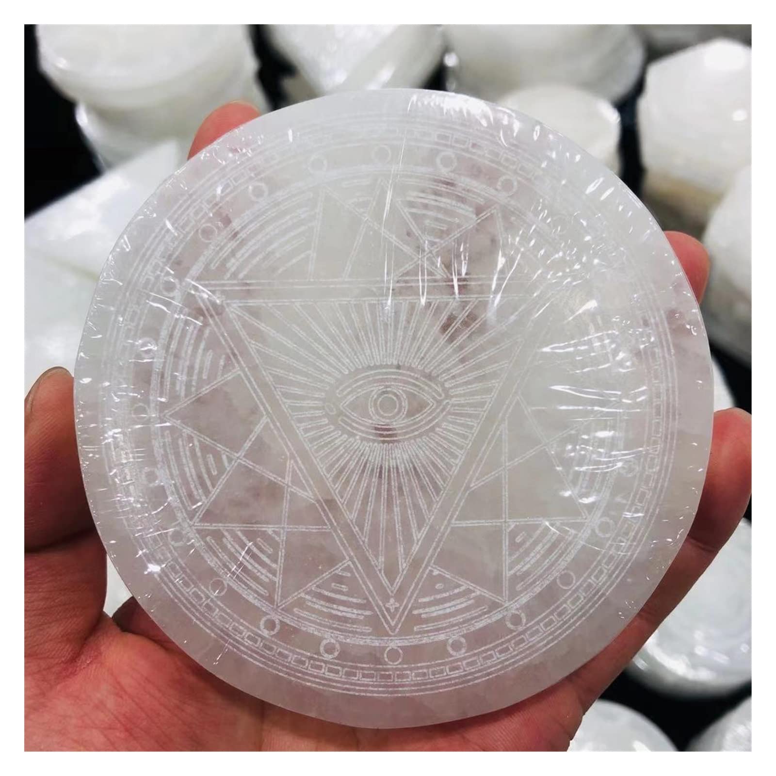 Home Kolekcje Naturalny Biały Selenit Płyty gipsowo-kartonowe Podstawki Symbole Złe Oczy Witch Decor Dr Stone Divination Pendulum