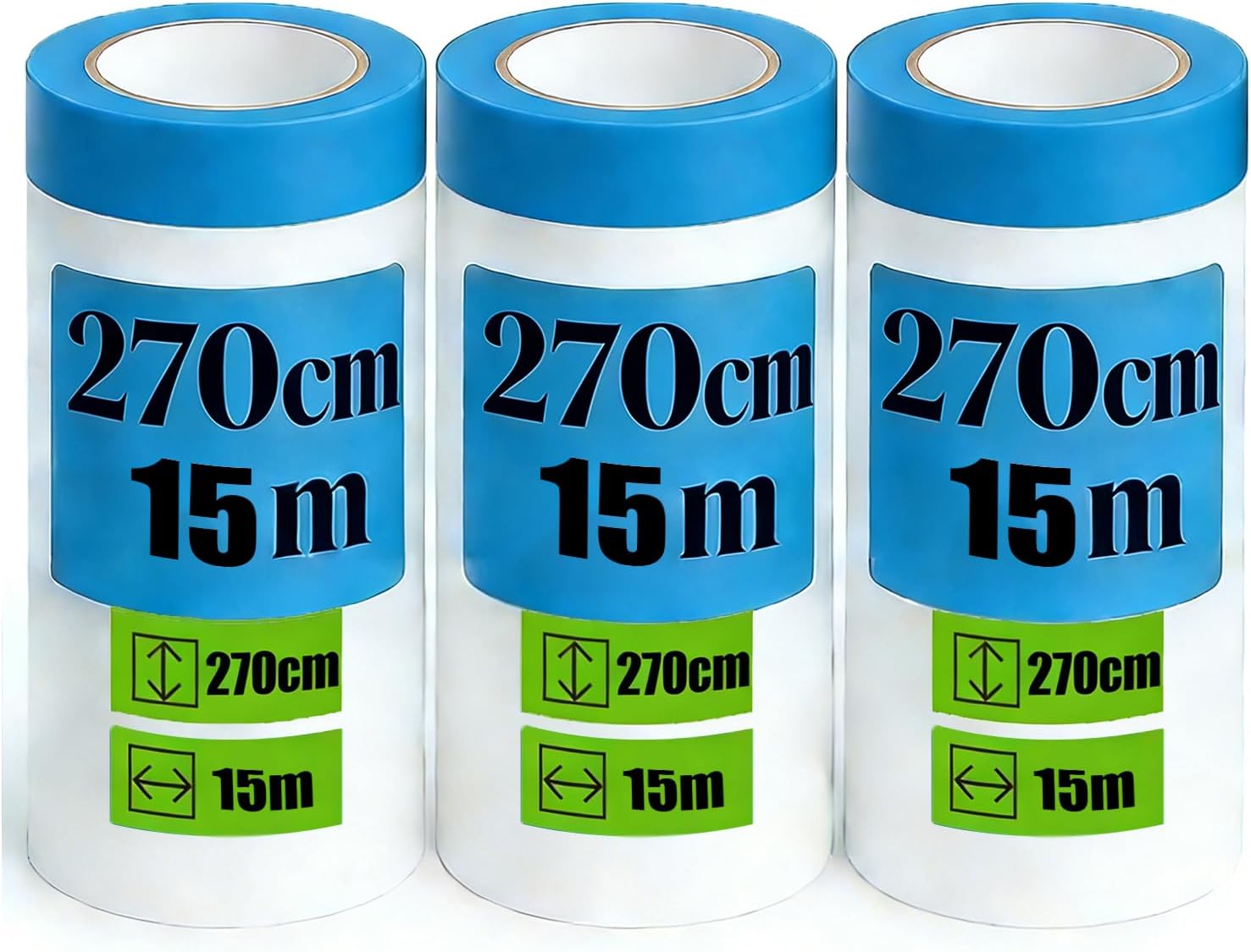3 Rolls Pre-Taped Plastic Dust Sheets for Decorating, Tape and Drape, Paint Cover Sheets for Floor Protection, Painting Decorating Covering, Wall Cabinets Sofa Car, 270cm×15m