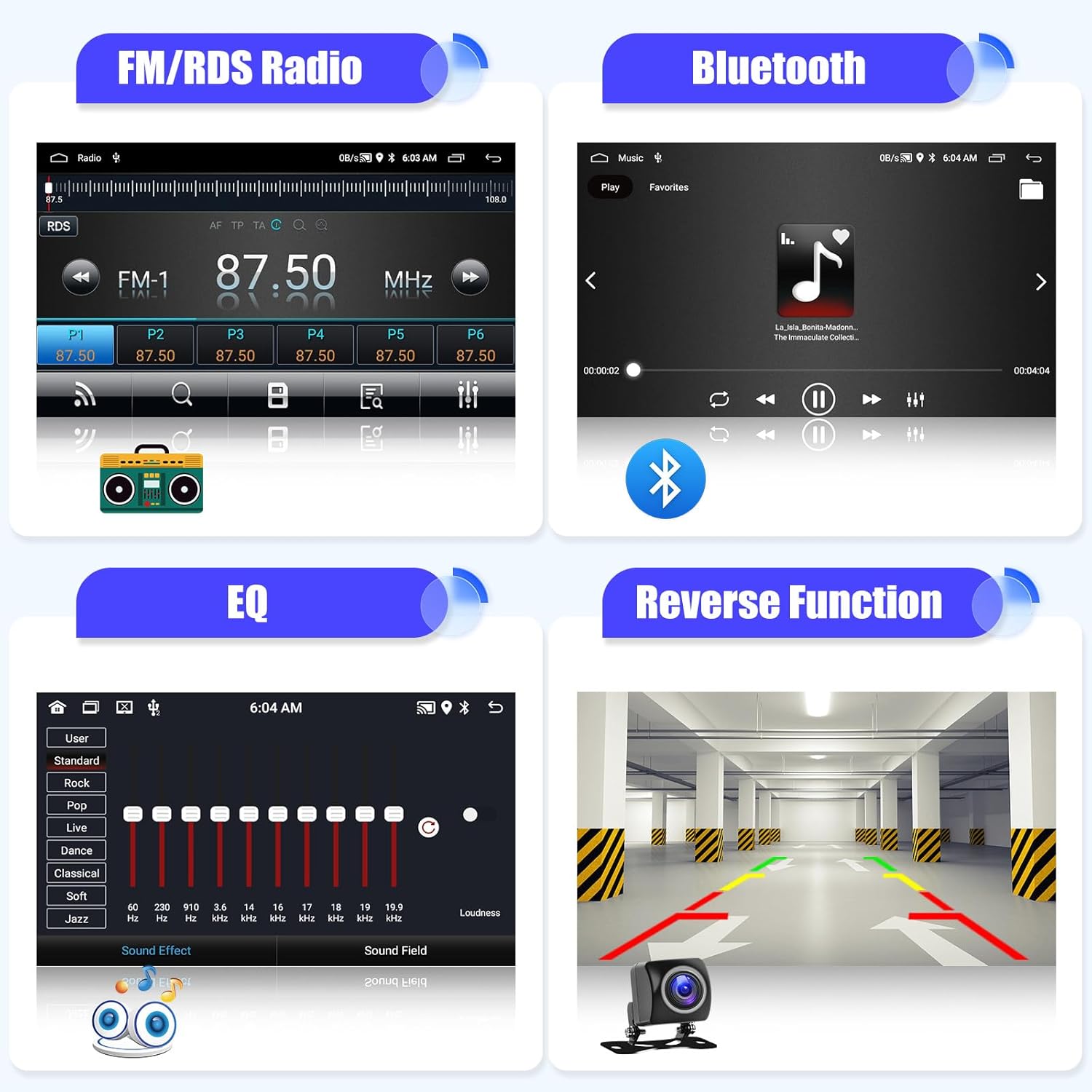 FM/RDS Radio, Bluetooth, EQ, and Reverse Function: Four-panel image showing interfaces for radio, Bluetooth music, equalizer settings, and a reverse camera view.