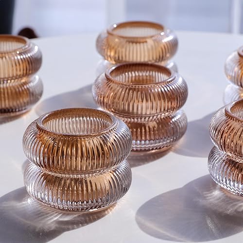 Woho Juego de 6 portavelas votivas acanaladas para mesa de boda, portavelas de cristal ámbar para decoración del hogar, portavelas vintage para