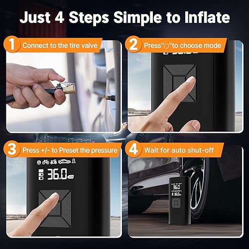 Miniatura 7 de Compresor de aire portátil para inflado de neumáticos, 6 velocidades 150 PSI, bomba de aire inteligente multifunción inalámbrica con medidor de