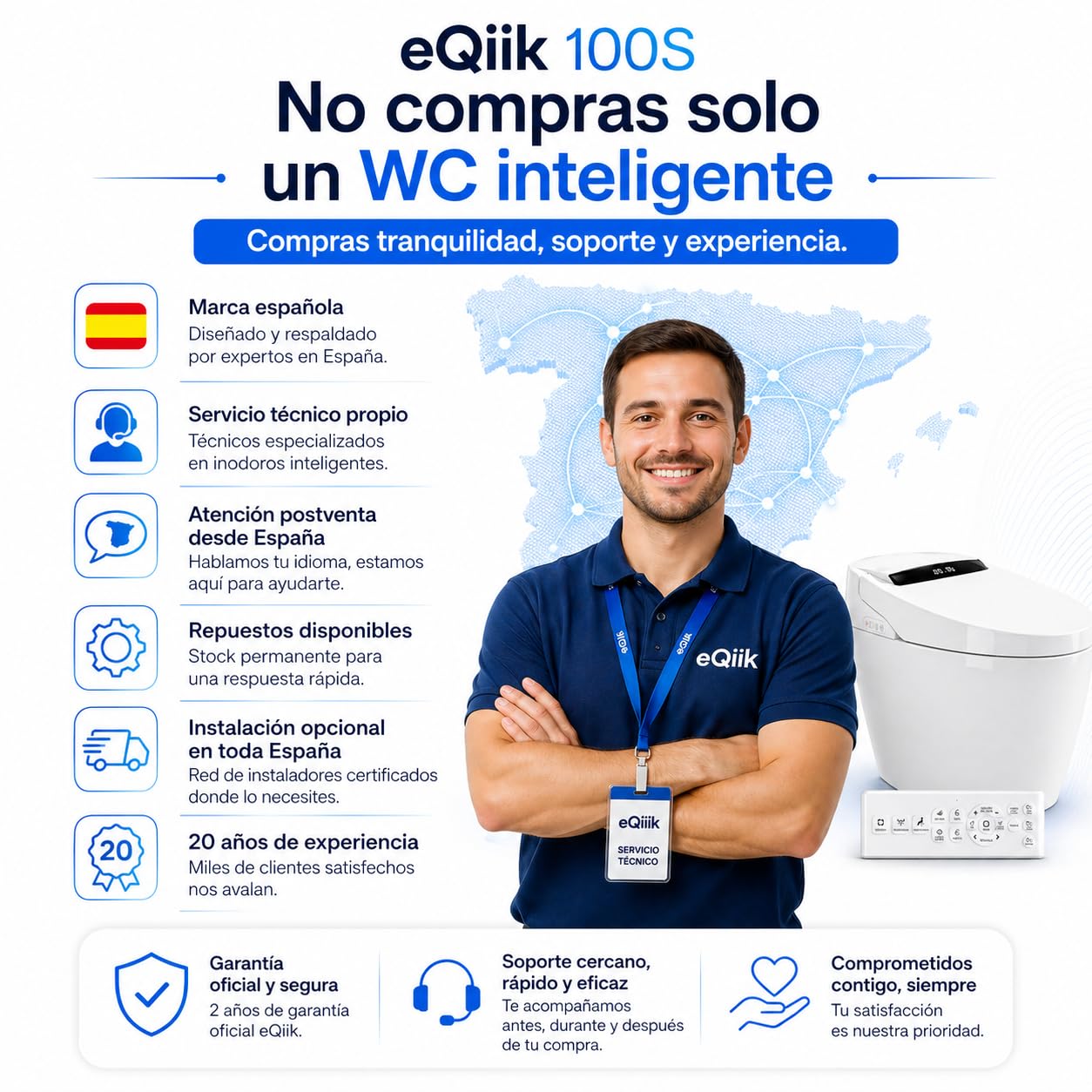 Inodoro Inteligente Completo | WC con Bidet y Secado | Diseño sin Cisterna | Lavado Trasero y Femenino | Apertura Cierre y Descarga Automática | Sensor Presencia | Asiento Calefactable | 100S