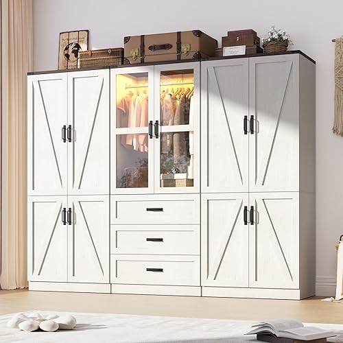 75" Tall Farmhouse 6 Doors Armoire Wardrobe Closet with 3 Drawers and LED,Freestanding Closet Wardrobe Cabinet for Bedroom with Hanging Rod,Wooden Armoire Storage Cabinet(Rustic Off White 6 Doors 1)
