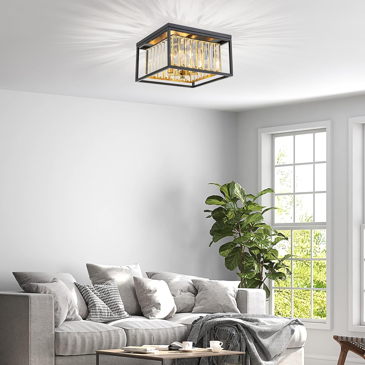 4-Lights Crystal Ceiling Light, 2-Tier Square Flushmount Light Fixture for Living Room, Foyer, Bedroom, L12 x W12 x H7, Brass & Gold Finish