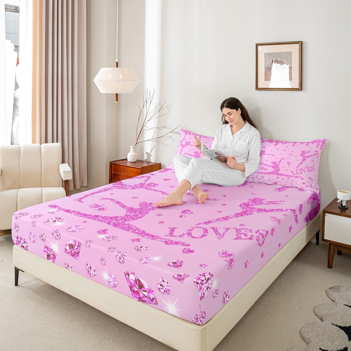 Erosebridal Kids Glitter Gymnastics Bedding Set Twin Girls Pink Sequins Diamond Bed Sheets for Gymnast,Gymnastics Lover Sheet Set Love Hearts Stars Fitted Sheet + Flat Sheet + 1 Pillow Case