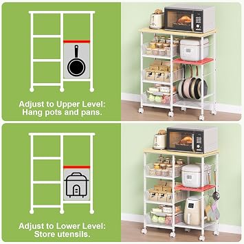 Rolling Kitchen Microwave Organizer Cart, Adjustable Shelves, White