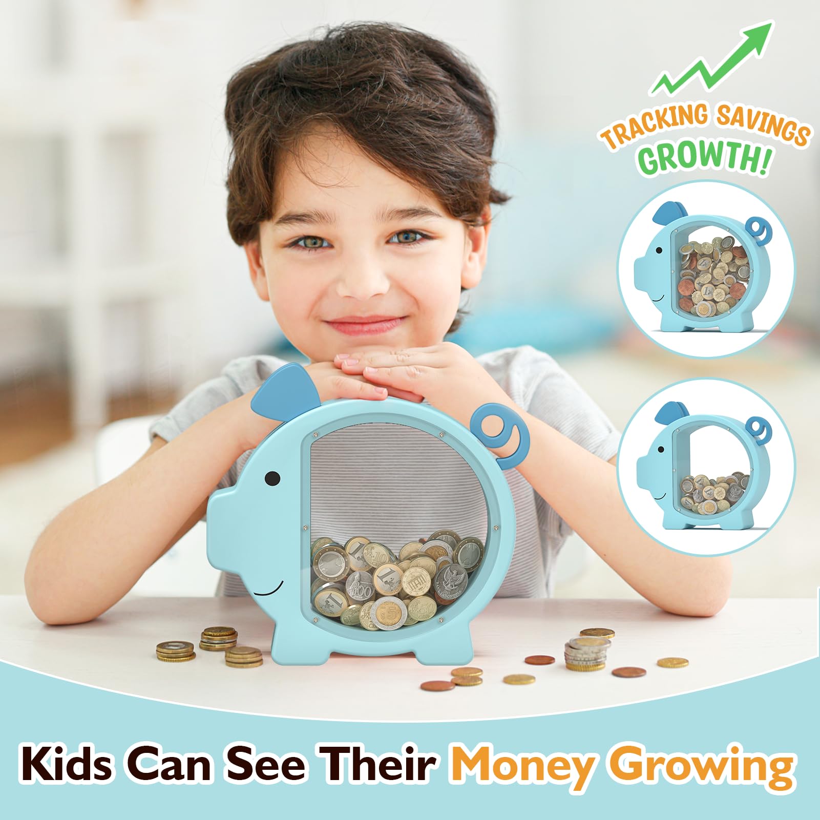 Summidate Hucha de Madera para Niños Niñas Niños Pequeños Adultos Grande Irrompible Billetes Monedas Cambio Frasco de Ahorro de Dinero Niños Regalo Personalizado Decoración de Guardería (Hucha Azul