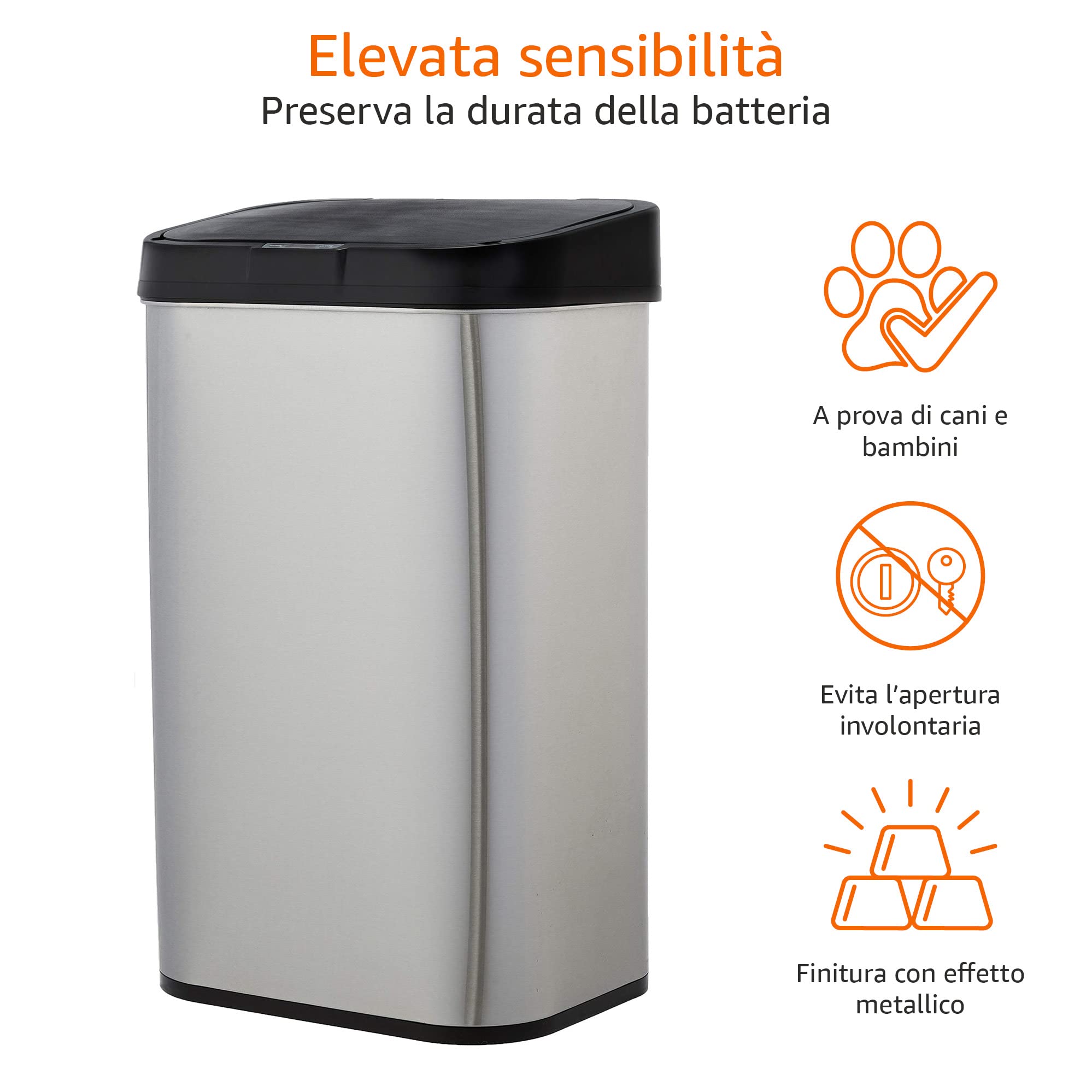 Amazon Basics Pattumiera in acciaio inox, automatica, Rettangolare, da 60 litri, Argento, Nero