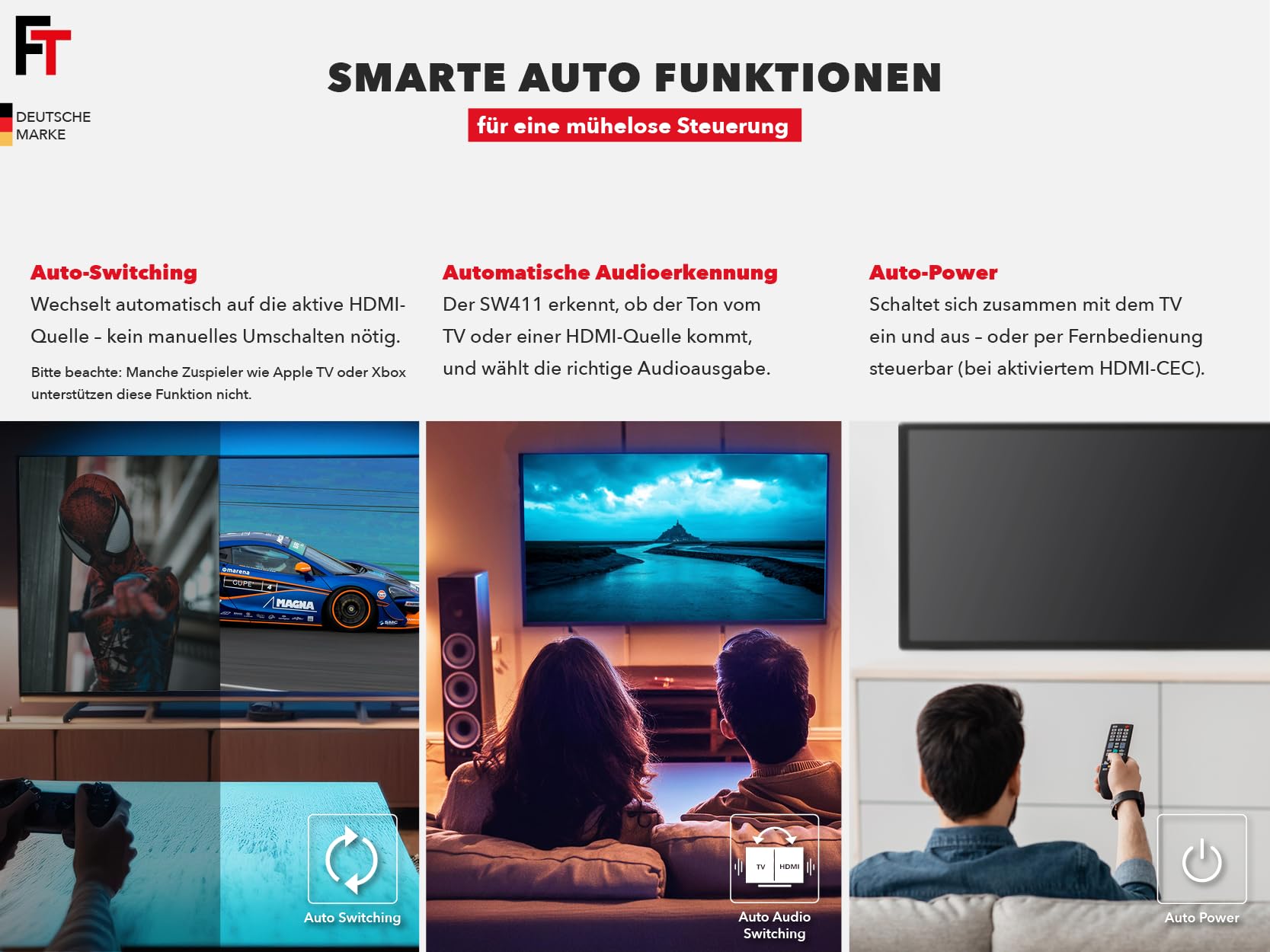 FeinTech SW411 Commutateur HDMI 2.1 4 en 1 avec extracteur audio pour systèmes audio avec entrée HDMI, Toslink et AUX, prend en charge 4 K 120 Hz et 8 K
