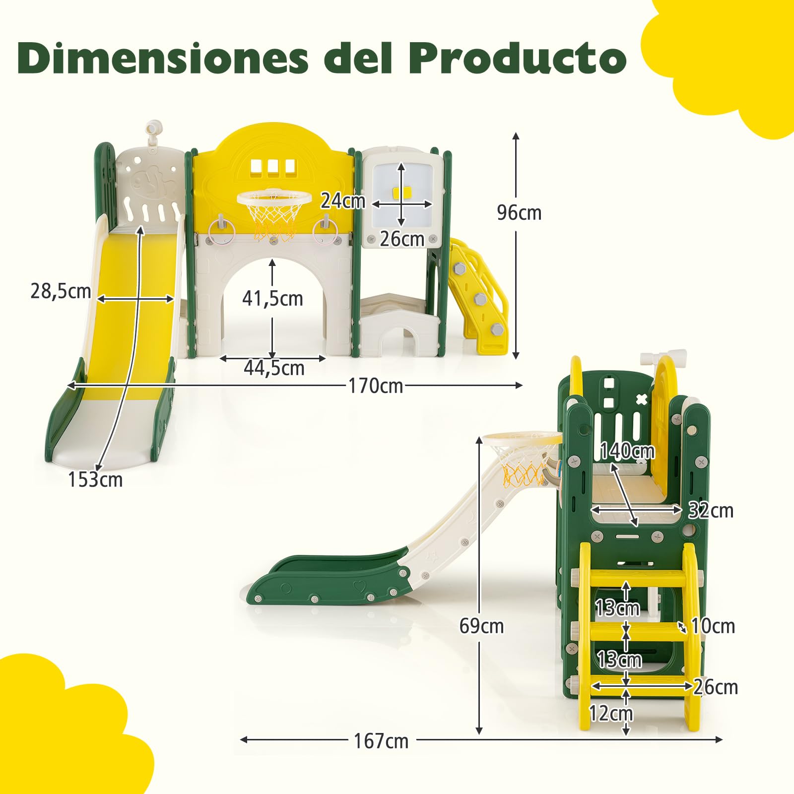 COSTWAY Tobogán Infantil 10 en 1, Parque Infantil con Pizarra (Amarillo)