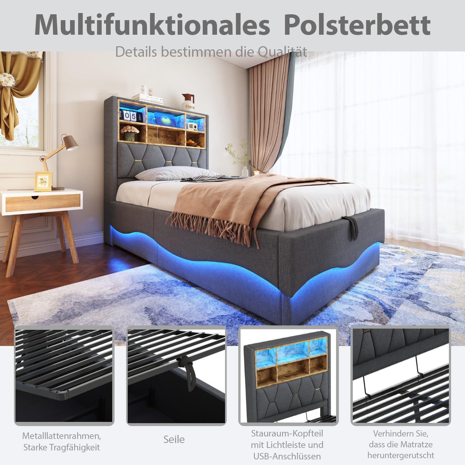 Polsterbett 90x200, Hydraulisch Einzelbett mit LED & Bettkasten & stauraum Kopfteil und USB, Funktionsbett Stauraumbett Jugendbett Bettgestell,Leinen,ohne Matratze