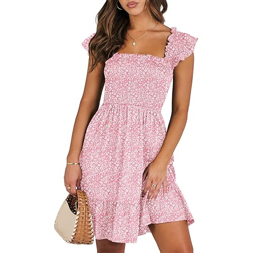 ANRABESS Womens Summer Casual Sleeveless Square Neck Smocked Ruffle Backless Boho Mini Dress 2024 Trendy Short Sundress