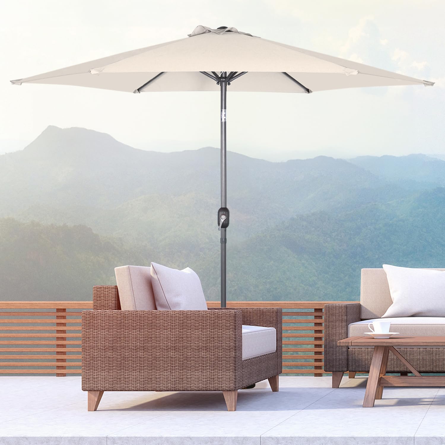 Angel Living 300cm Parasol de Acero con Inclinación, con Manivela, Sombrilla con Mástil de Acero de 38mm para Patio Terraza Playa (Beige Claro)