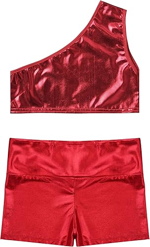 Miniatura 3 de Hansber Conjunto de 2 piezas de gimnasia para niñas y niñas, con un hombro descubierto, camiseta corta brillante y pantalones cortos atléticos