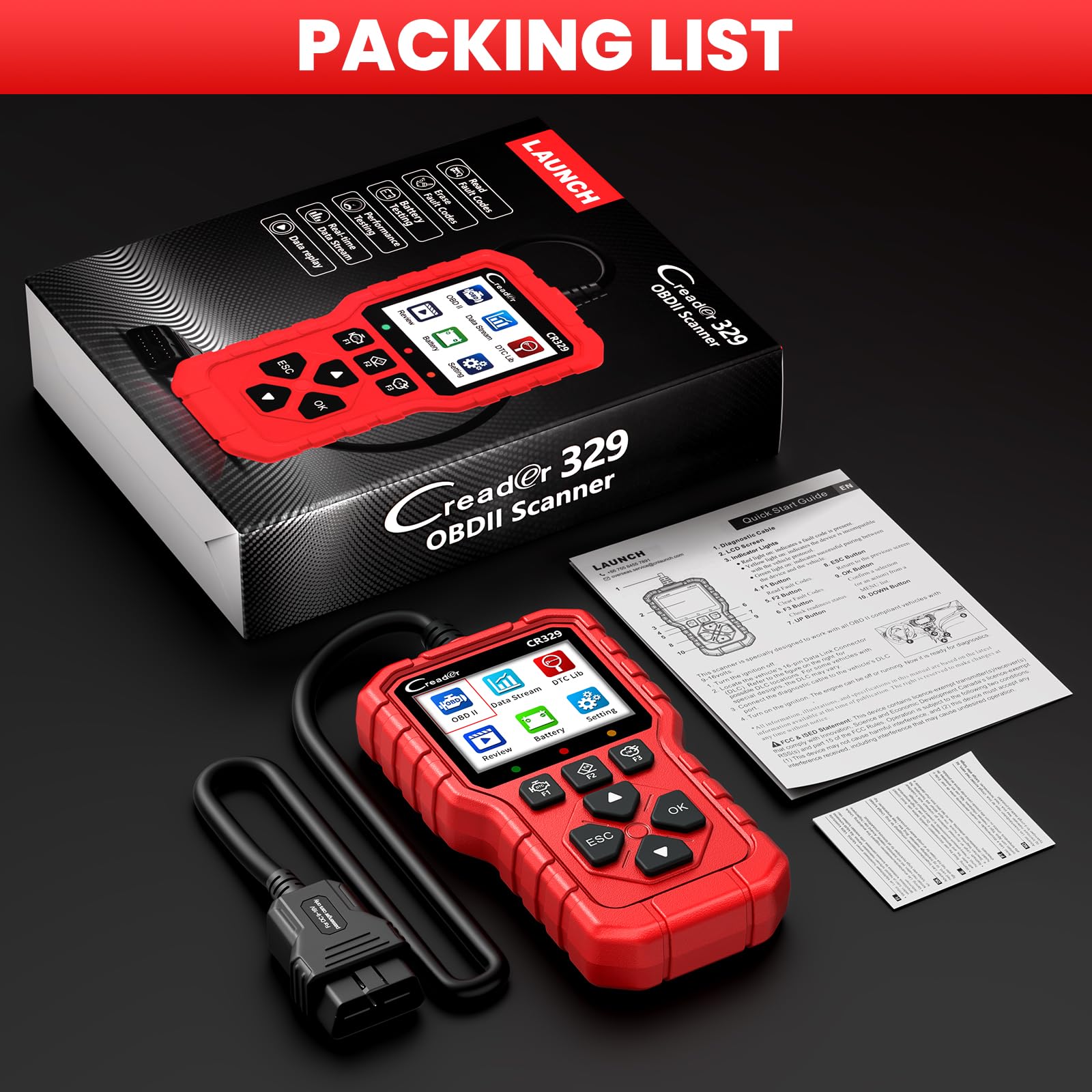 LAUNCH CR329 OBD2 Auto Diagnostica per Spia Motore Codici Auto Diagnosi Auto, Dati Live, Lettura E Cancellazione Codici, Test Batteria 12V, per Auto 1996-2026