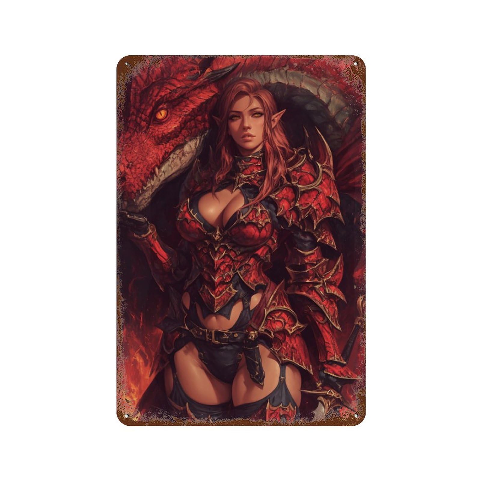 Dragon Armor Fantasy Artwork Weathered Tin Sign 11.8"x7.9", Decorative Metal Wall Art for Garage, Bar And Workshop Decor
