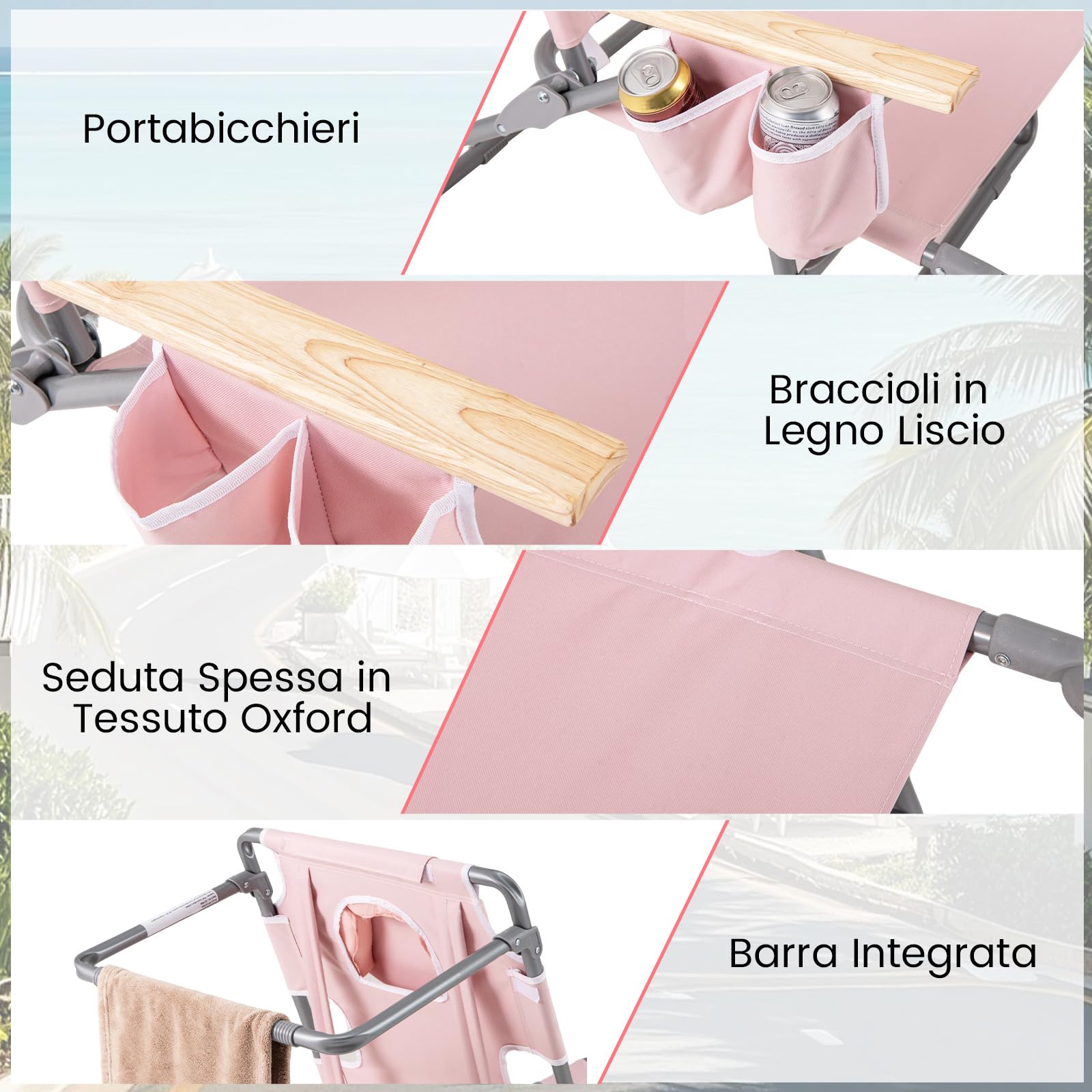 RELAX4LIFE 3 in 1 Sedia da Spiaggia Pieghevole Reclinabile, con Foro per Viso, Poggiapiedi, Porta Asciugamano, Tasche Portaoggetti, Schienale Regolabile, per Spiaggia/Piscina, Portata 150kg (Rosa)