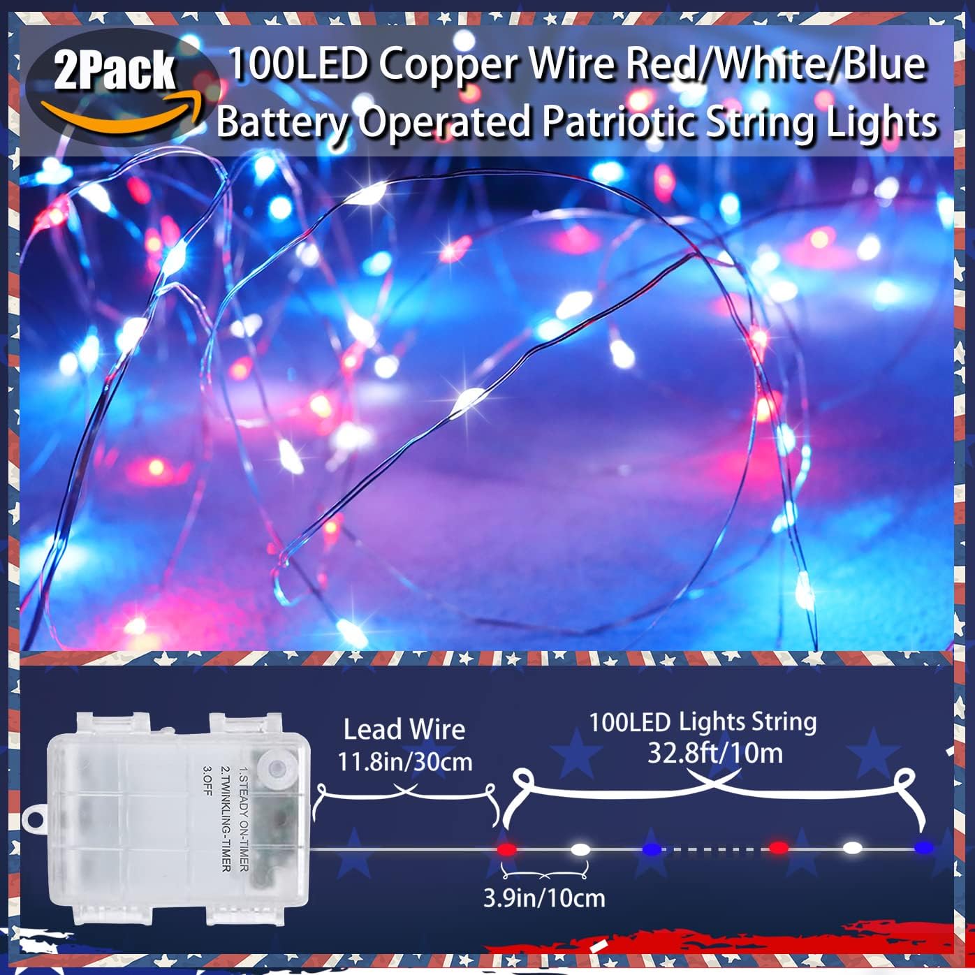 Yayfazy 4th of July Decorations Outdoor/Indoor Timer Fairy String Lights,2PACK Each 100Led Copper Red/White/Blue IP67 Waterproof Battery Operated Patriotic Lights for Memorial Day,Independence Day