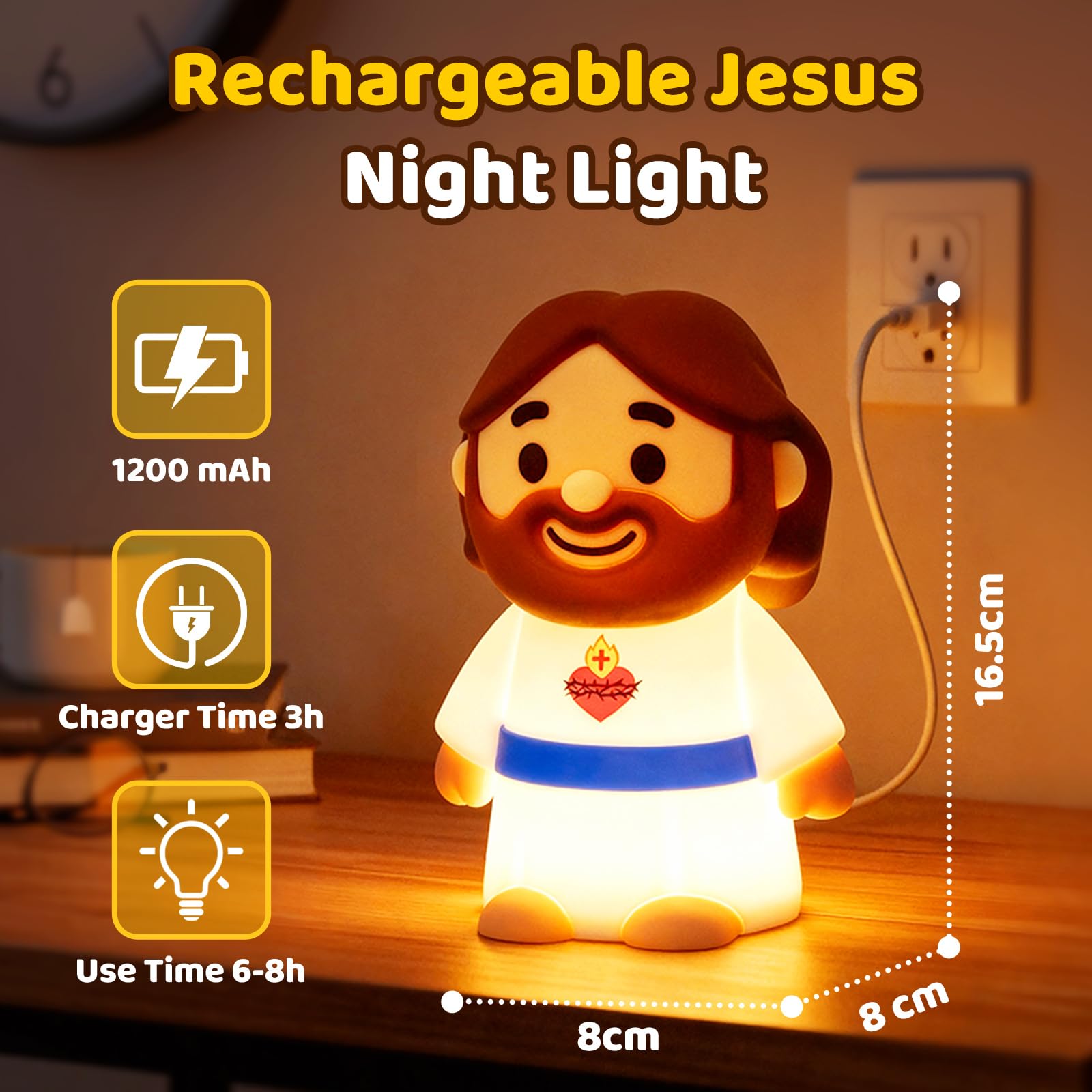 Caaaat Luz nocturna de Jesús para niños, lámpara de guardería de silicona con 3 niveles de brillo y temporizador de 30 minutos, regalos de bautizo y Pascua, luz nocturna recargable para oración