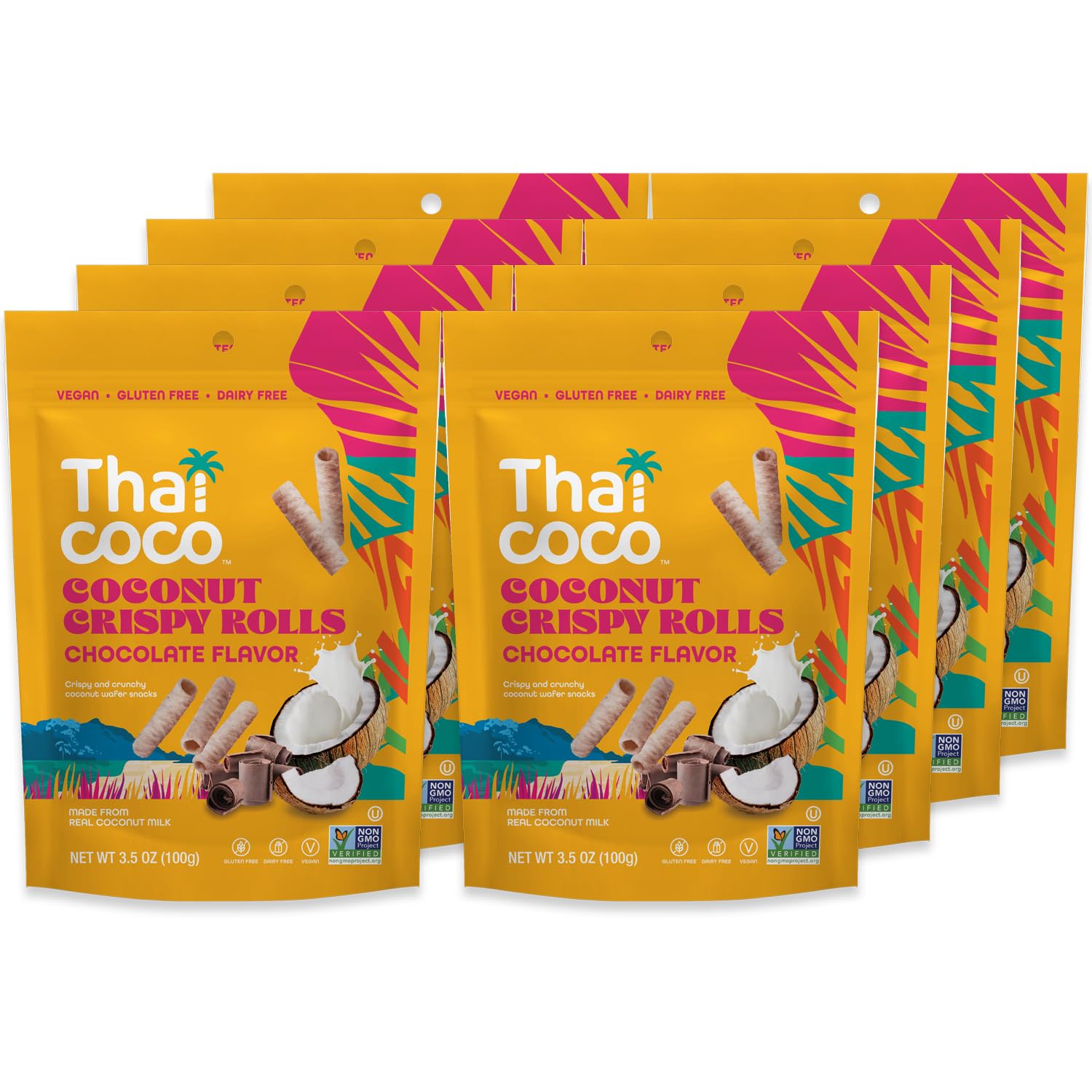Thai Coco Chocolate Crispy Coconut Rolls 8 Bag (3.5 oz each) - Organic Tropical Snack, Vegan, Gluten-Free, Dairy-Free, Non-GMO, Light Fluffy Healthy Snack