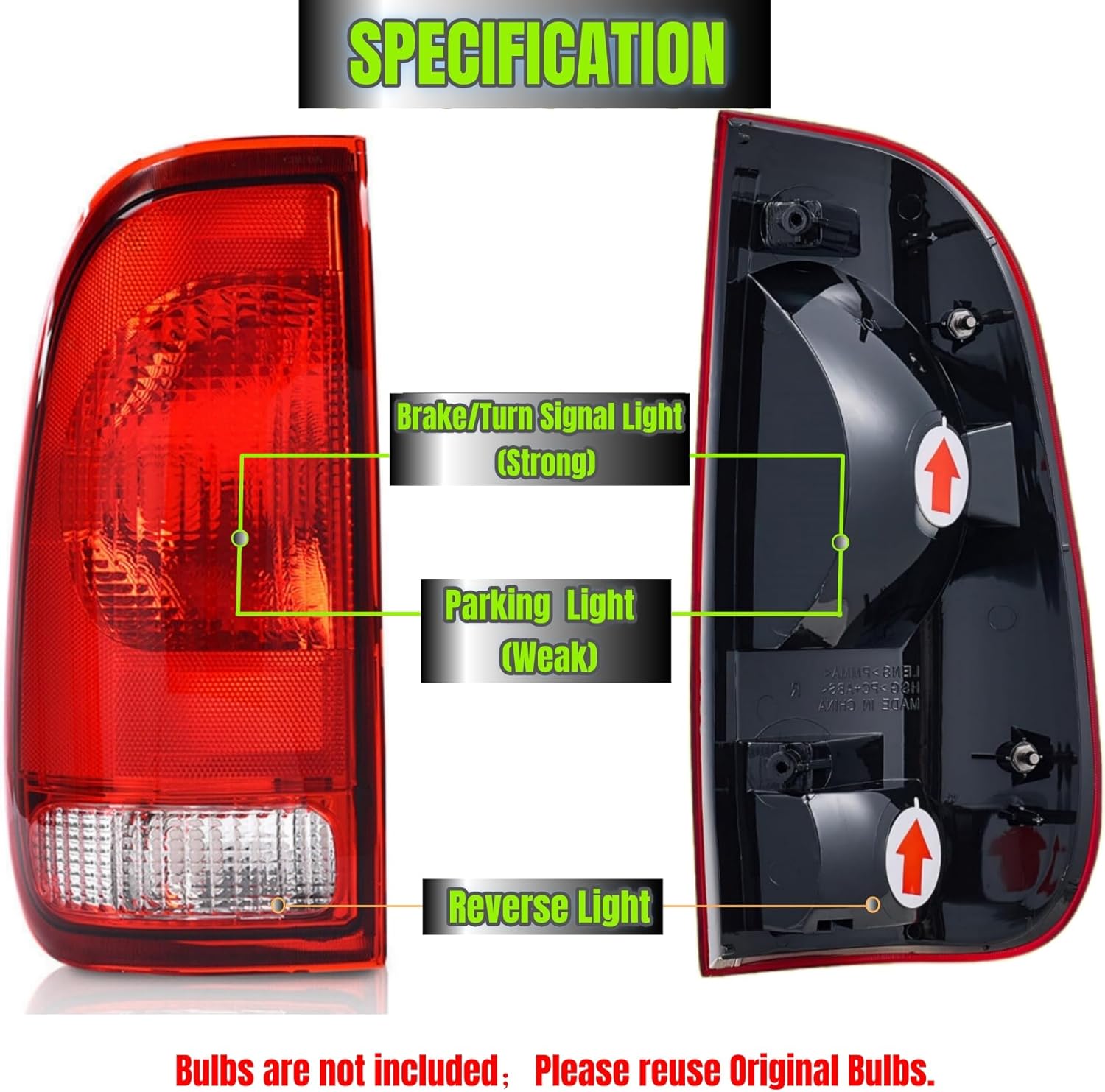 Tail Light for 1997-2003, 2004 Ford F-150; 1999-2004 F250 LD Pickup; F-350, F-450, F-550 Super Duty 1999-2007; Red, No Bulbs