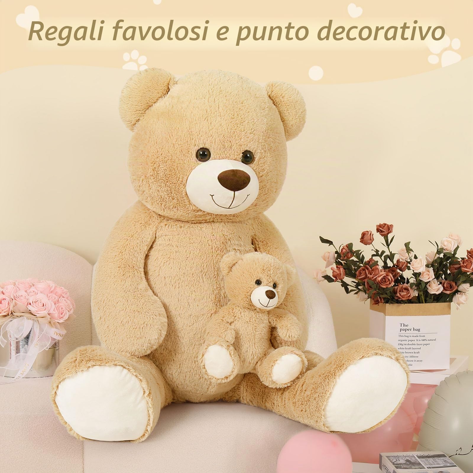 MorisMos 130cm Orso Peluche Gigante, XXL Marrone Chiaro Orsacchiotto Peluche con Bambino, Orsetto Pupazzo Grande Teddy Bear Regalo per Bambino Lei Lui Fidanzata Compleanno Decorazioni