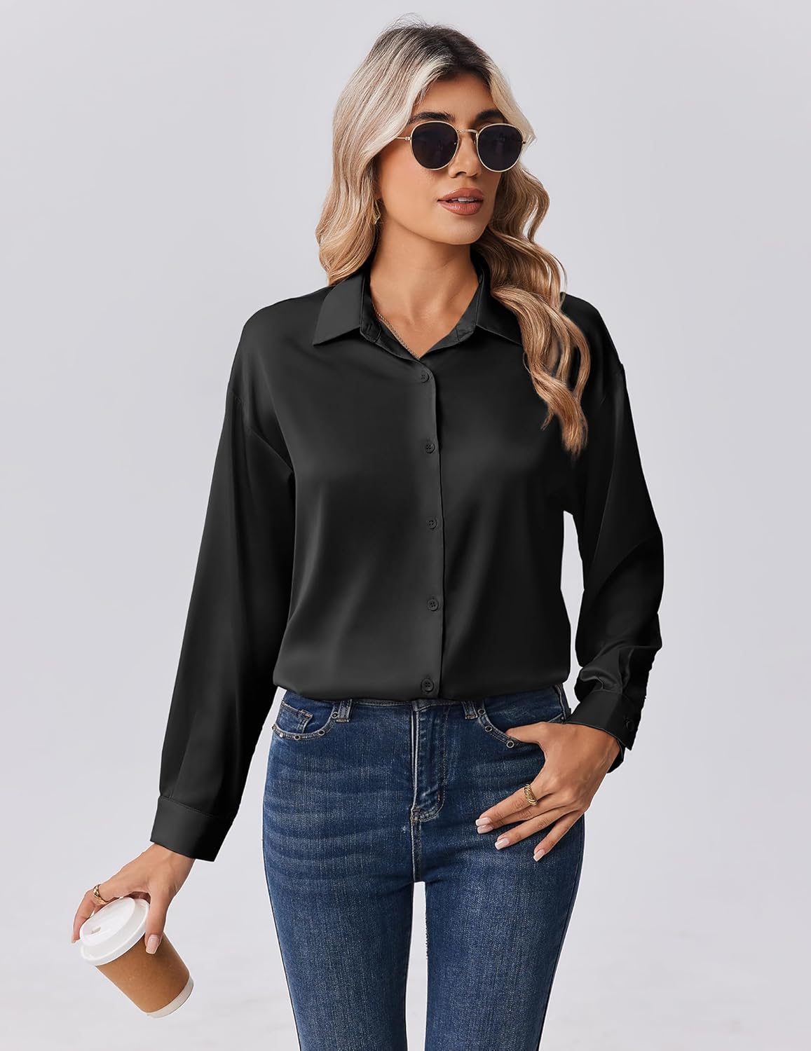 Zeagoo Womens Tops Long Sleeve Satin Silk Button Down Shirts Casual Business Dressy Blouses Fall Clothes - Image 2