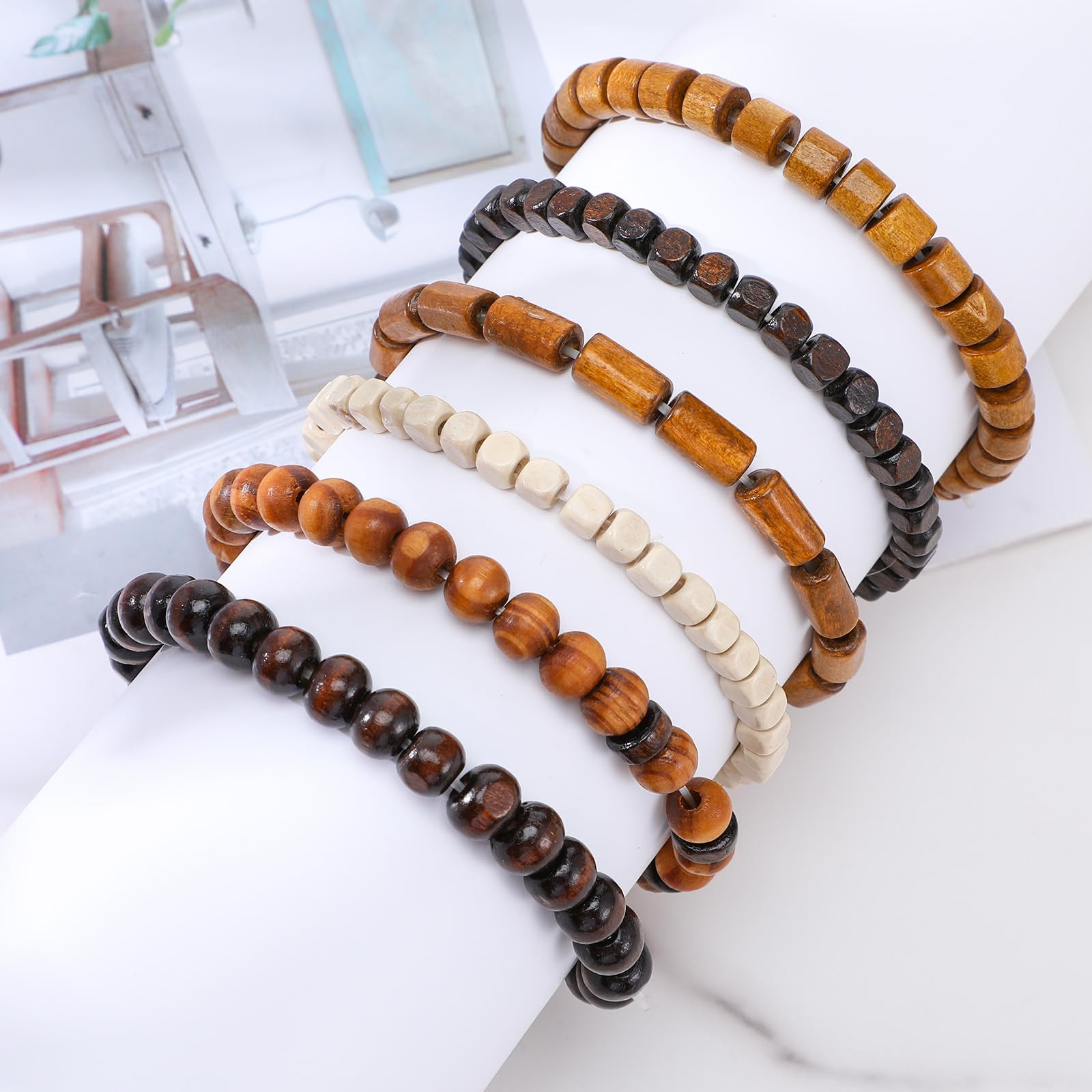 Pulseras de cuentas de madera para hombre, elasticidad ajustable, pulsera de cuentas desmontables de múltiples capas para hombres, Talla única, Madera, No es una piedra preciosa 5